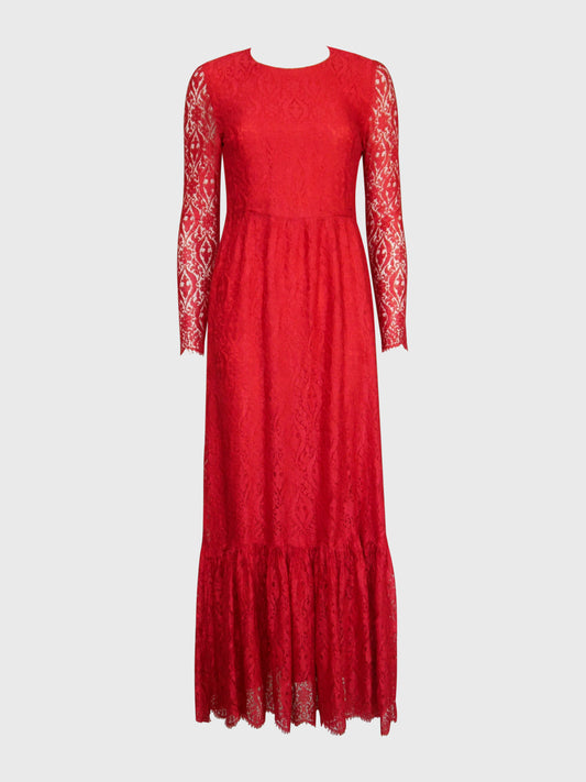 MISS DIOR by Christian Dior c. 1970 Vintage Red Lace Maxi Evening Gown Size S