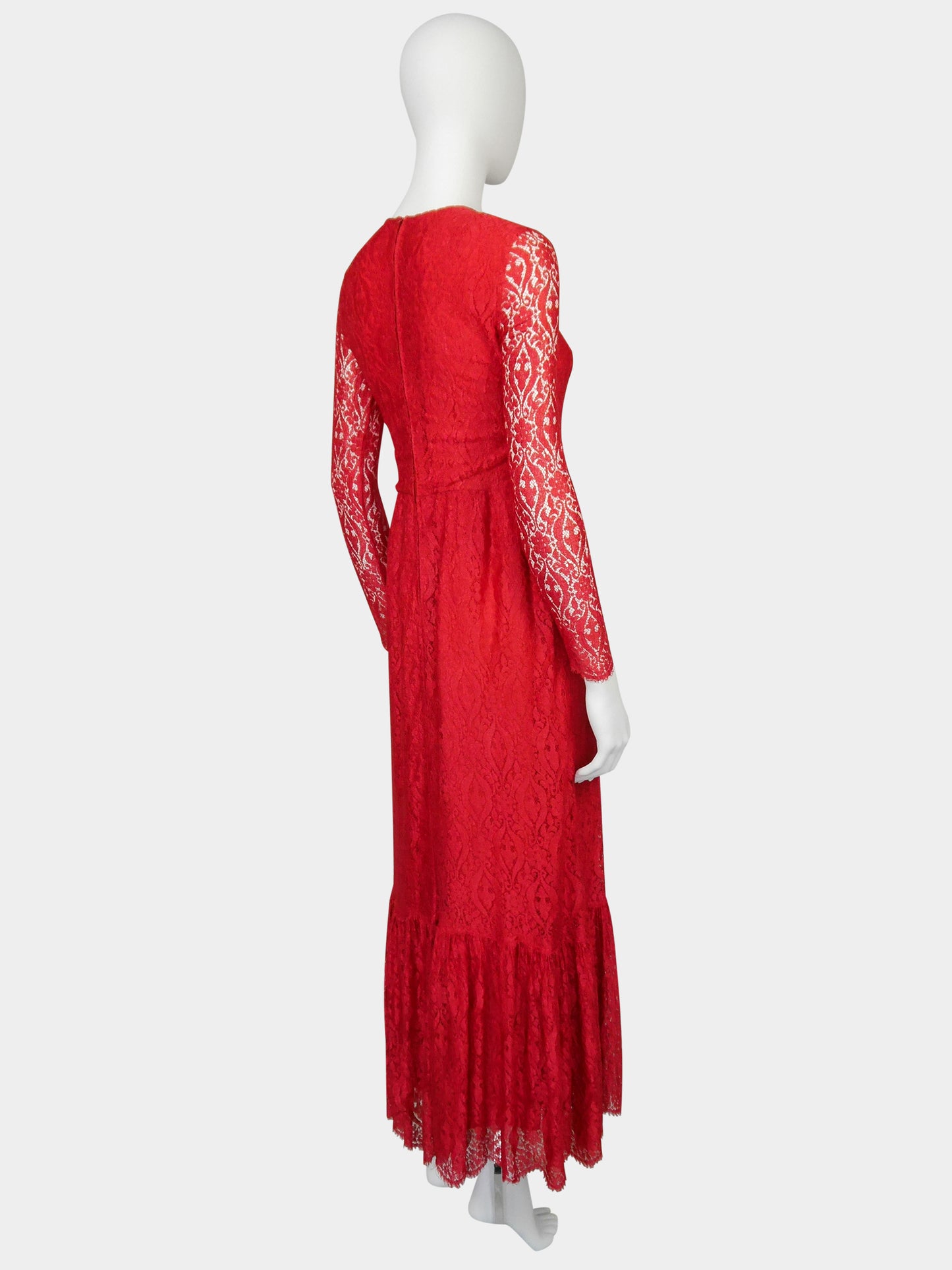 MISS DIOR by Christian Dior c. 1970 Vintage Red Lace Maxi Evening Gown Size S