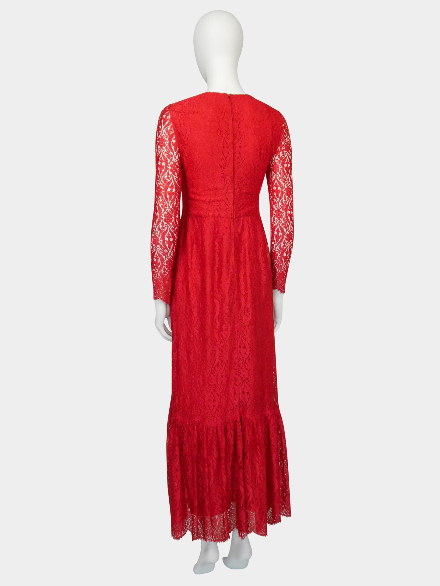 MISS DIOR by Christian Dior c. 1970 Vintage Red Lace Maxi Evening Gown Size S