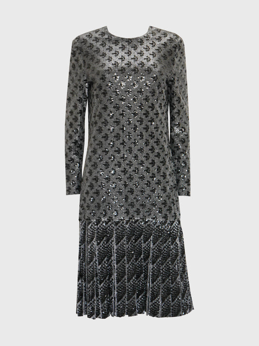 MISS DIOR by CHRISTIAN DIOR c. 1970 Vintage Silver Black Sequin Evening Dress