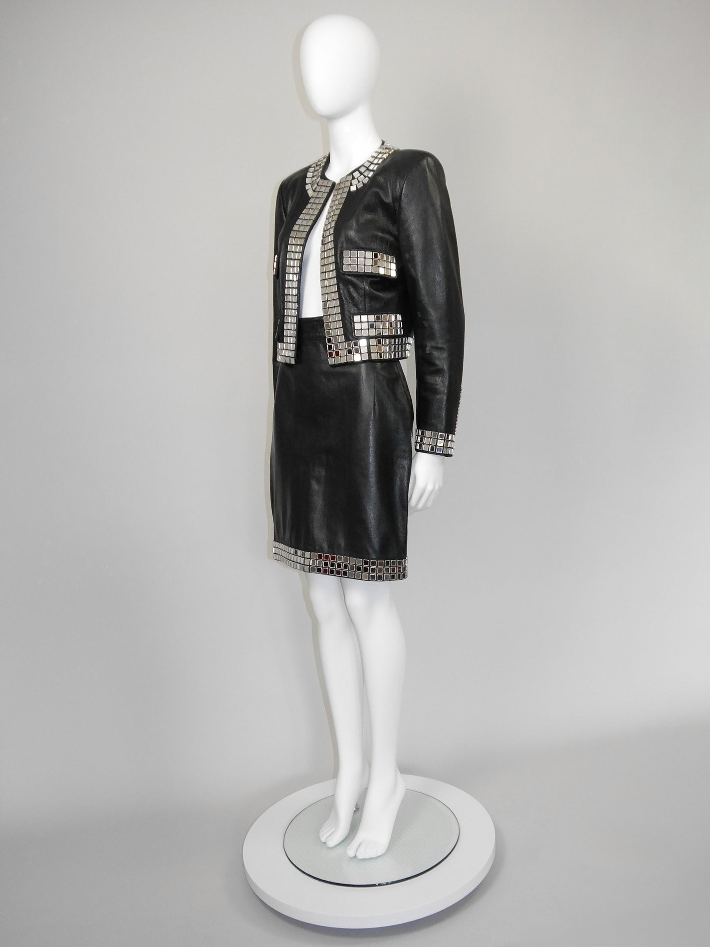 MOSCHINO 1980s 1990s Vintage Mirrored Black Leather Jacket & Skirt Suit Size S