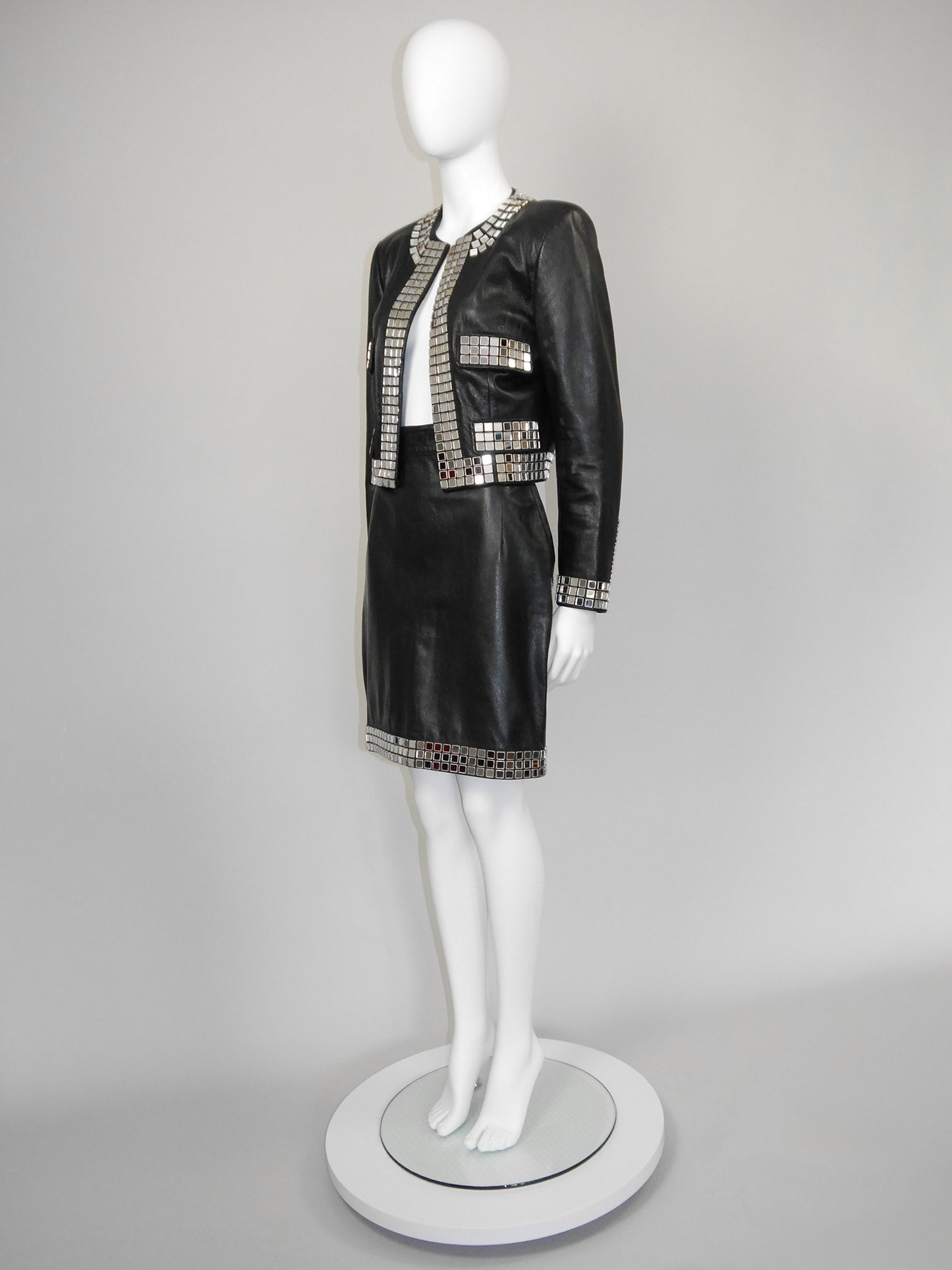 MOSCHINO 1980s 1990s Vintage Mirrored Black Leather Jacket & Skirt Suit Size S