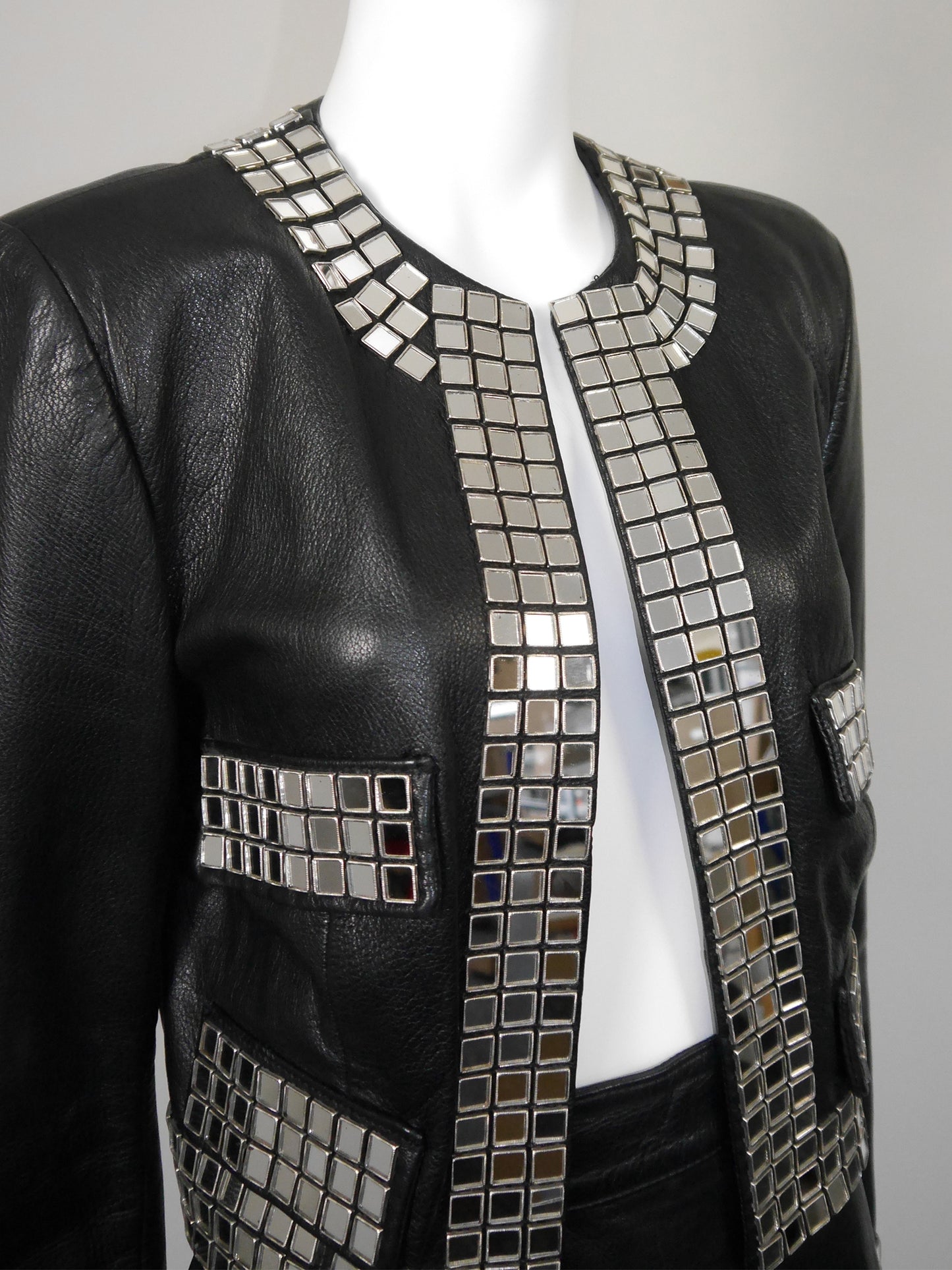 MOSCHINO 1980s 1990s Vintage Mirrored Black Leather Jacket & Skirt Suit Size S