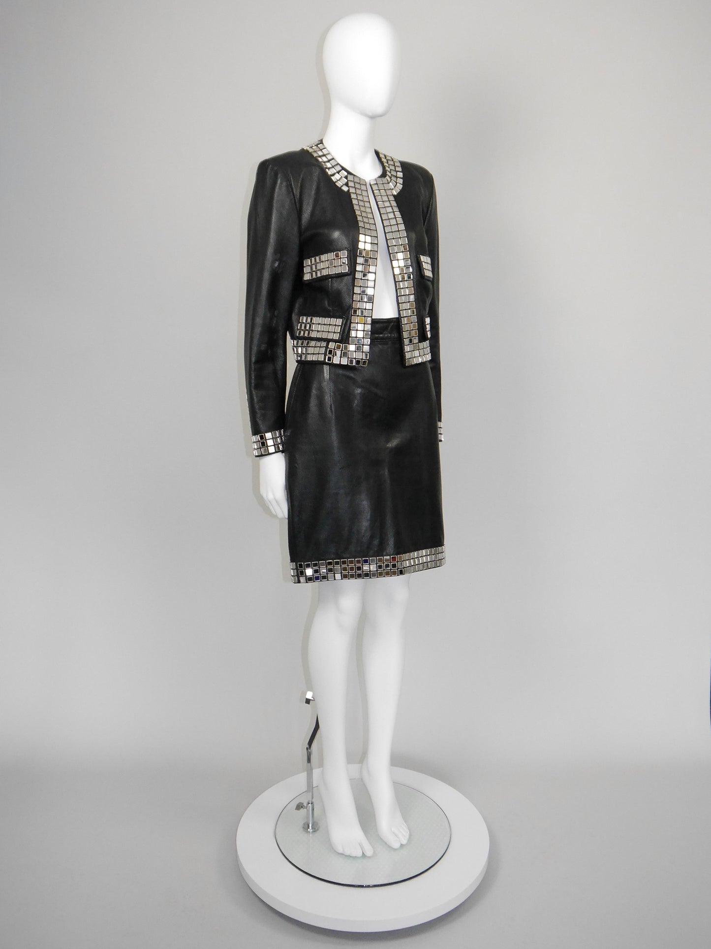 MOSCHINO 1980s 1990s Vintage Mirrored Black Leather Jacket & Skirt Suit Size S