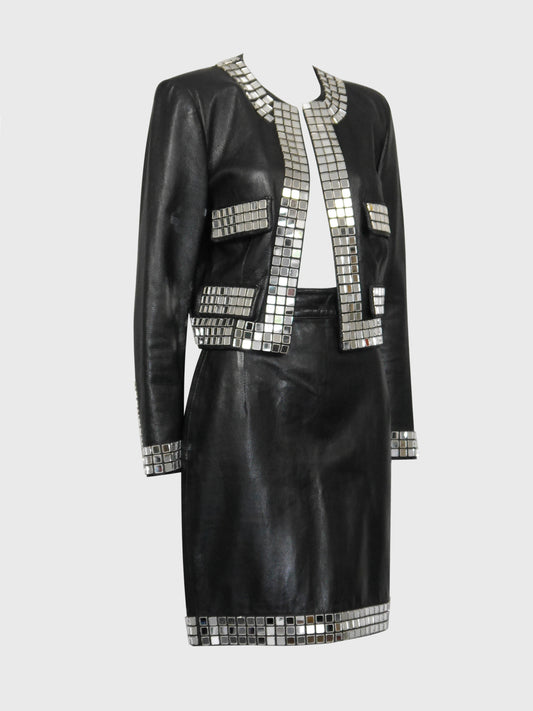 MOSCHINO 1980s 1990s Vintage Mirrored Black Leather Jacket & Skirt Suit Size S