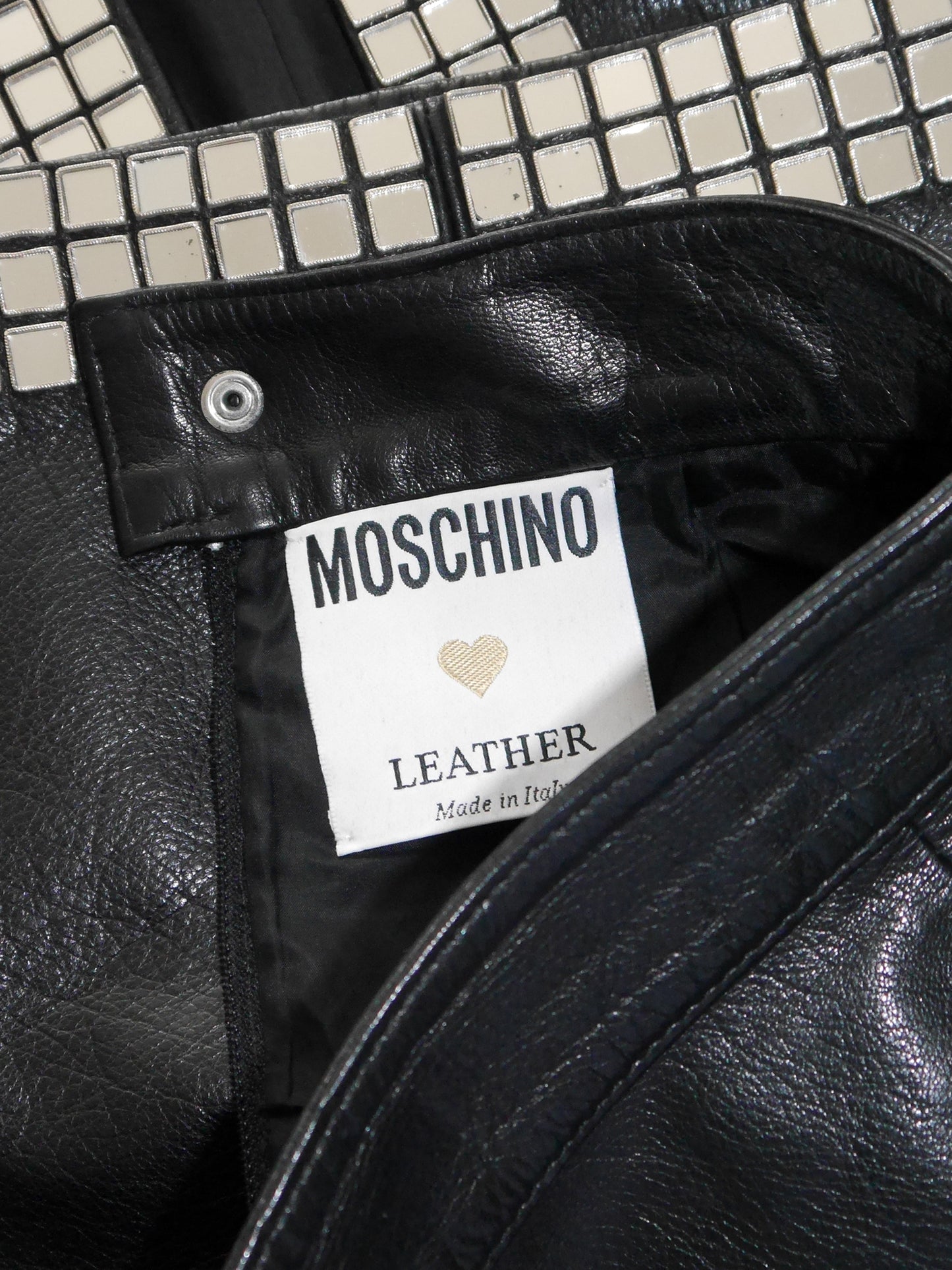 MOSCHINO 1980s 1990s Vintage Mirrored Black Leather Jacket & Skirt Suit Size S