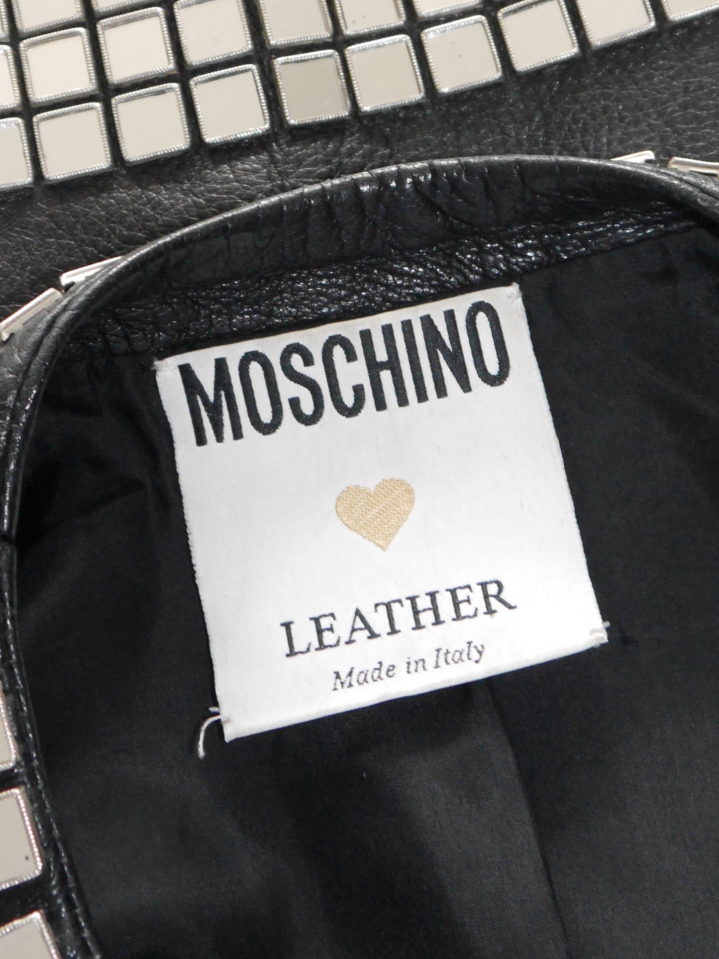 MOSCHINO 1980s 1990s Vintage Mirrored Black Leather Jacket & Skirt Suit Size S