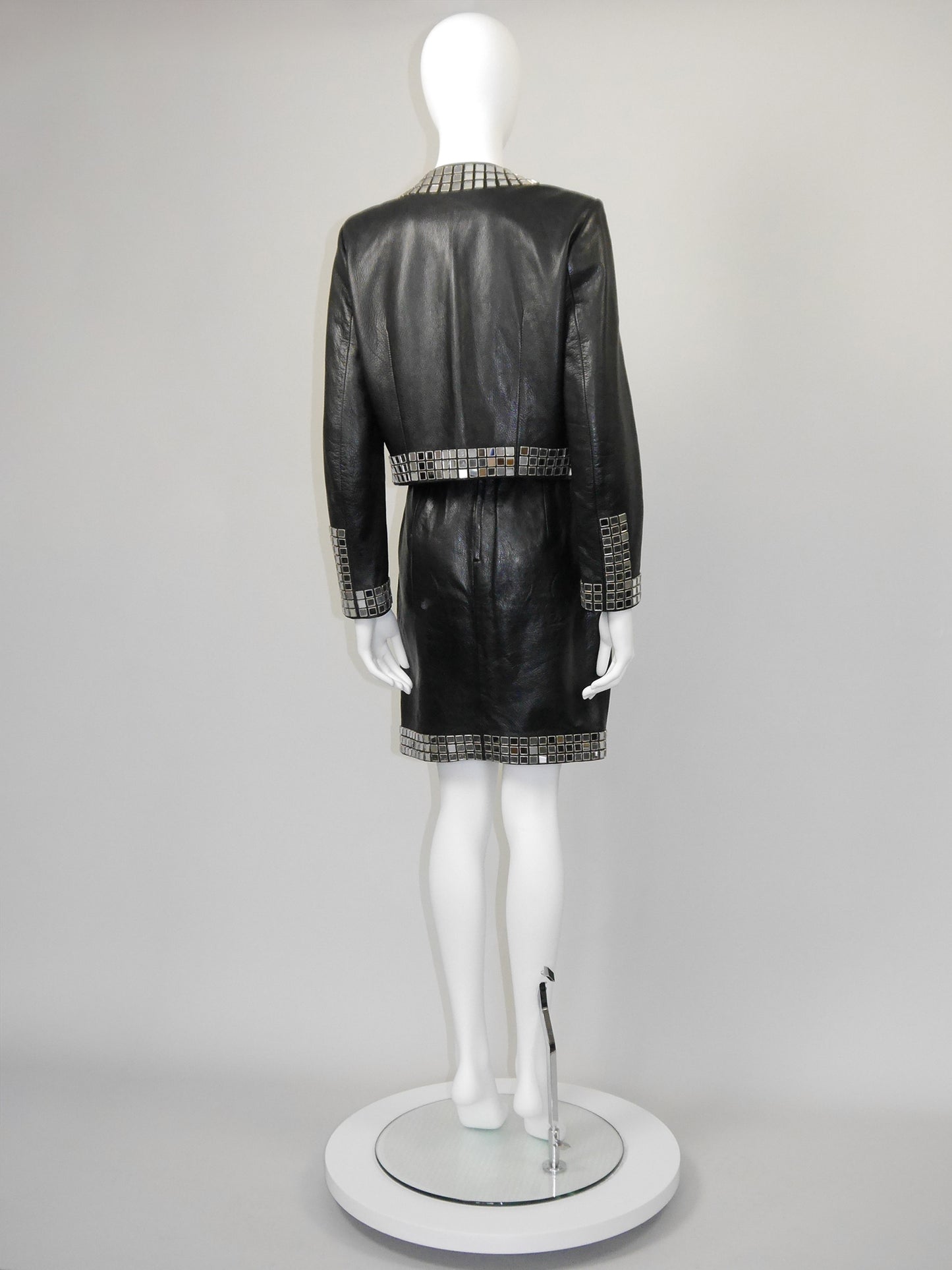 MOSCHINO 1980s 1990s Vintage Mirrored Black Leather Jacket & Skirt Suit Size S