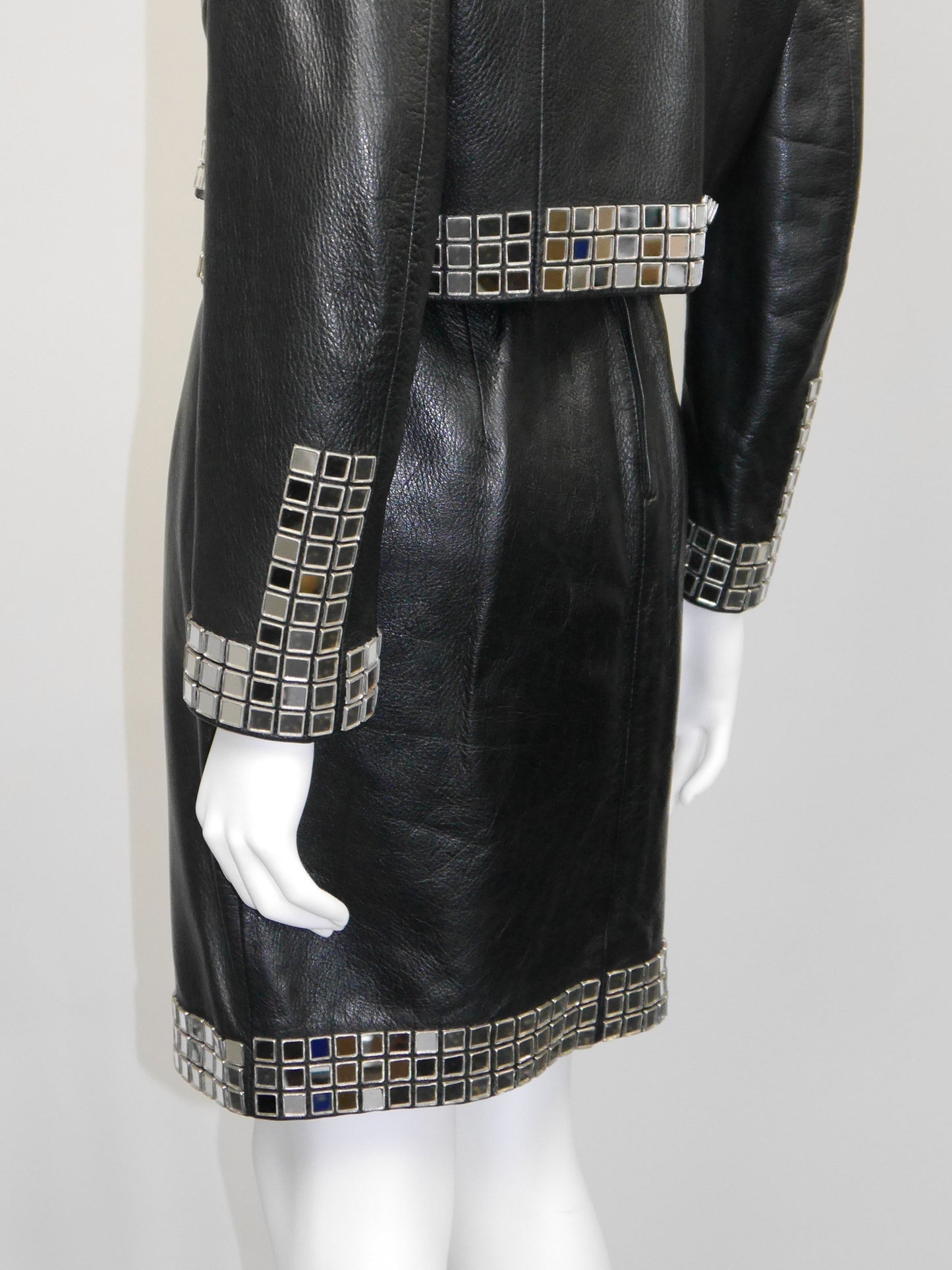 MOSCHINO 1980s 1990s Vintage Mirrored Black Leather Jacket & Skirt Suit Size S