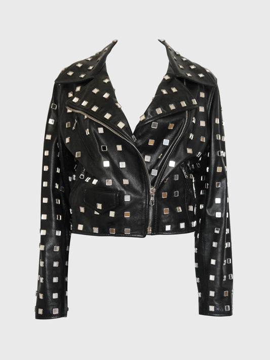 MOSCHINO 1980s 1990s Vintage Mirrored Leather Moto Biker Jacket