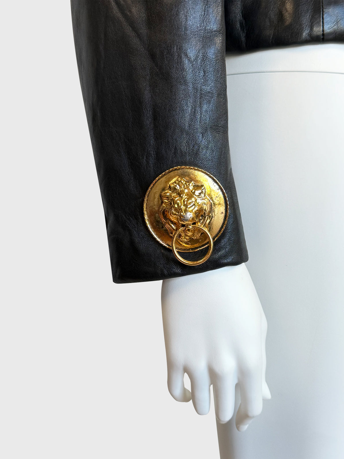 MOSCHINO c. 1989 Vintage Black Leather Jacket w/ Doorknocker Lion Head Buttons Size XL