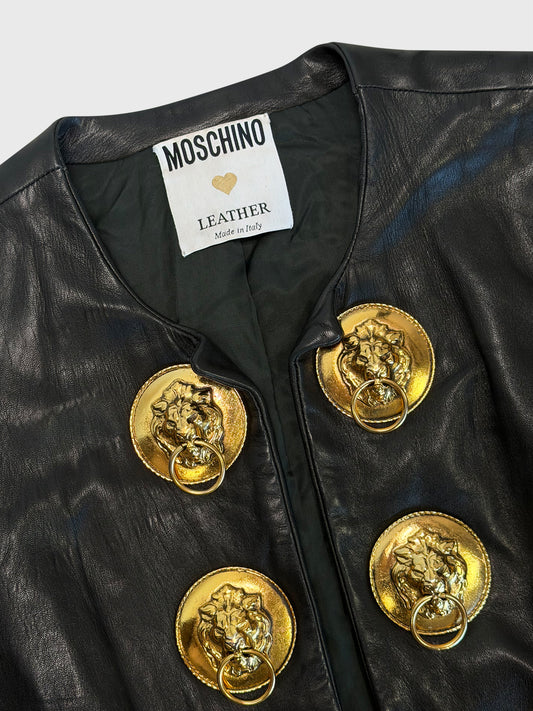 MOSCHINO c. 1989 Vintage Black Leather Jacket w/ Lion Head Buttons