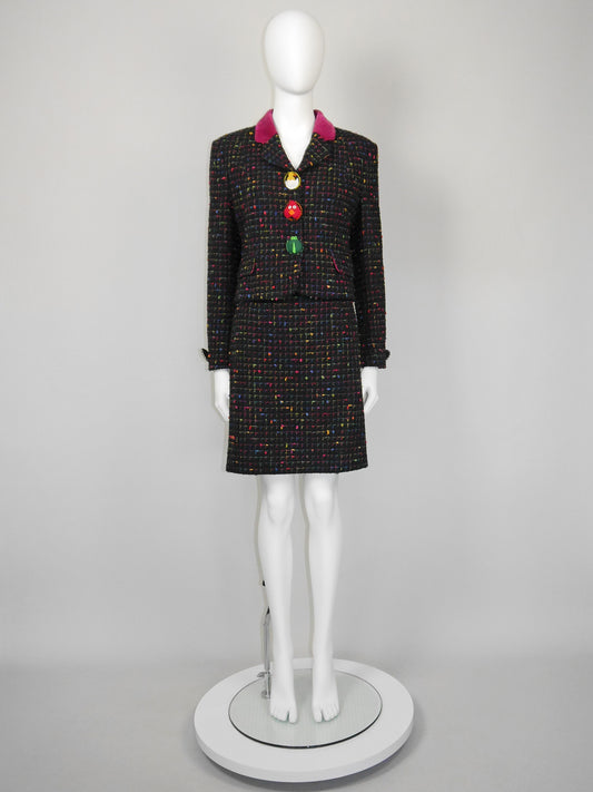MOSCHINO 1990s Vintage "Push for Nature" Bouclé Jacket & Skirt Suit Size S-M