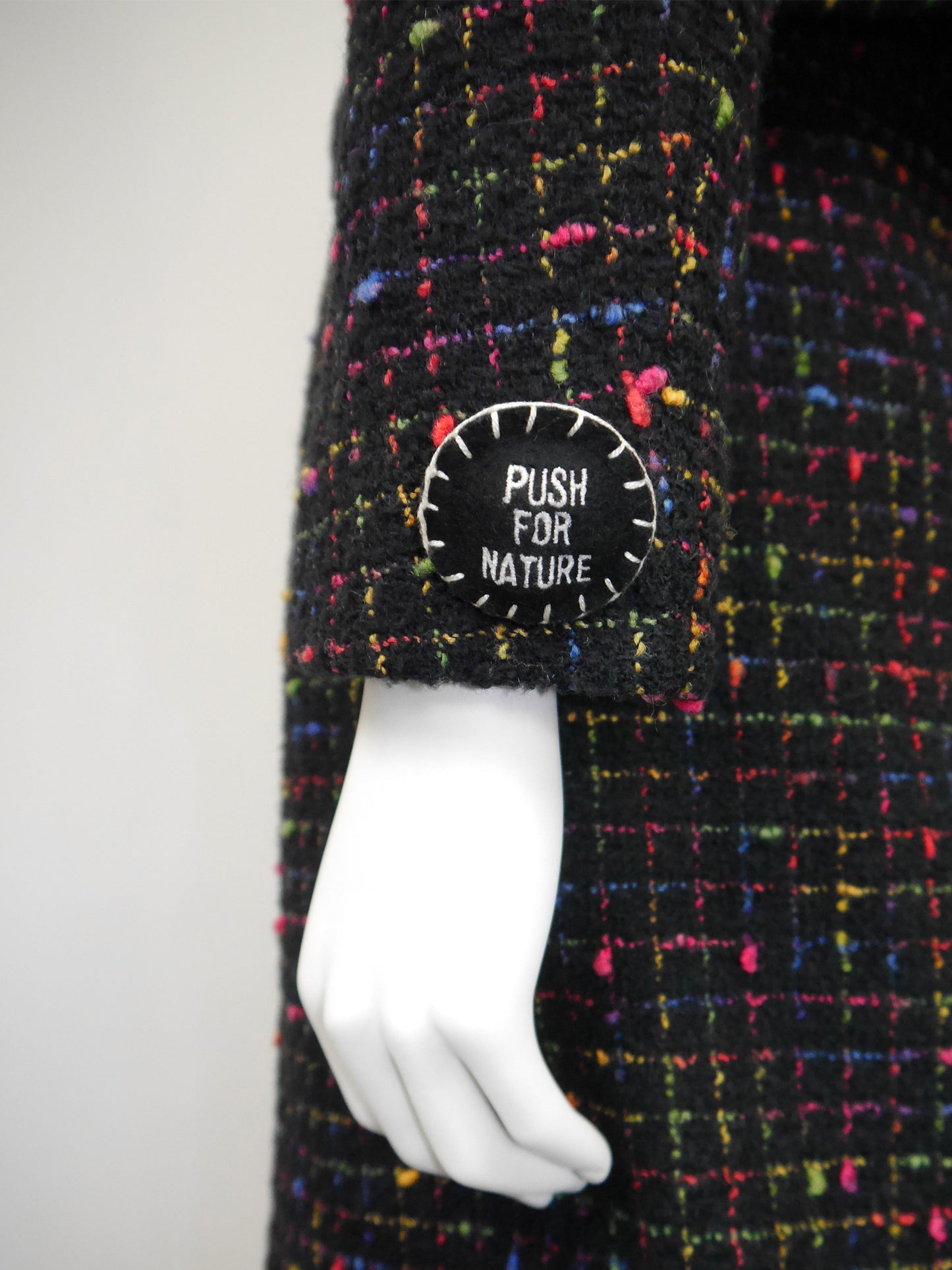 MOSCHINO 1990s Vintage "Push for Nature" Bouclé Jacket & Skirt Suit Size S-M