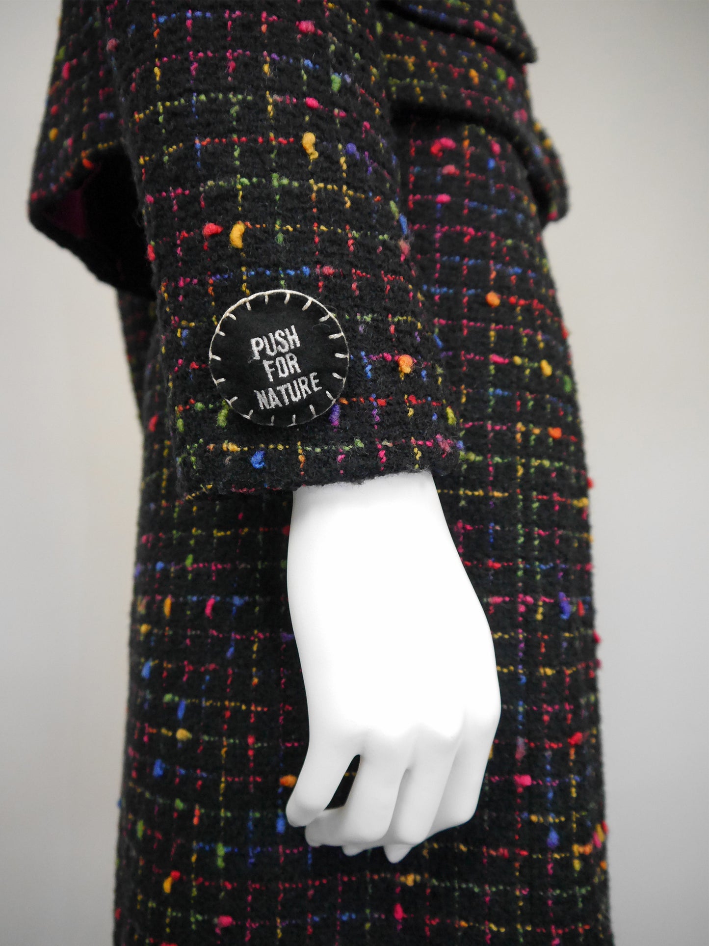 MOSCHINO 1990s Vintage "Push for Nature" Bouclé Jacket & Skirt Suit Size S-M