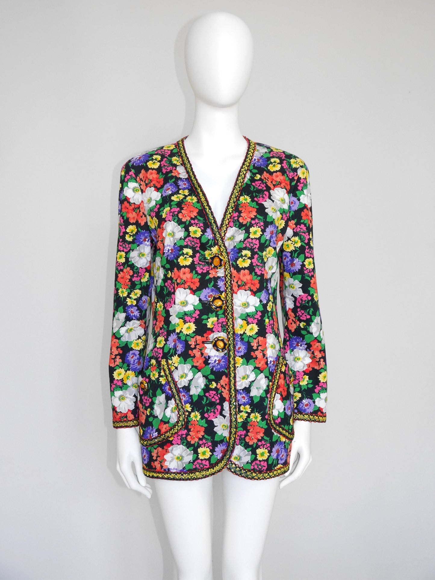 MOSCHINO Couture! 1990s Vintage Floral Long Jacket w/ Jeweled Statement Buttons Size M