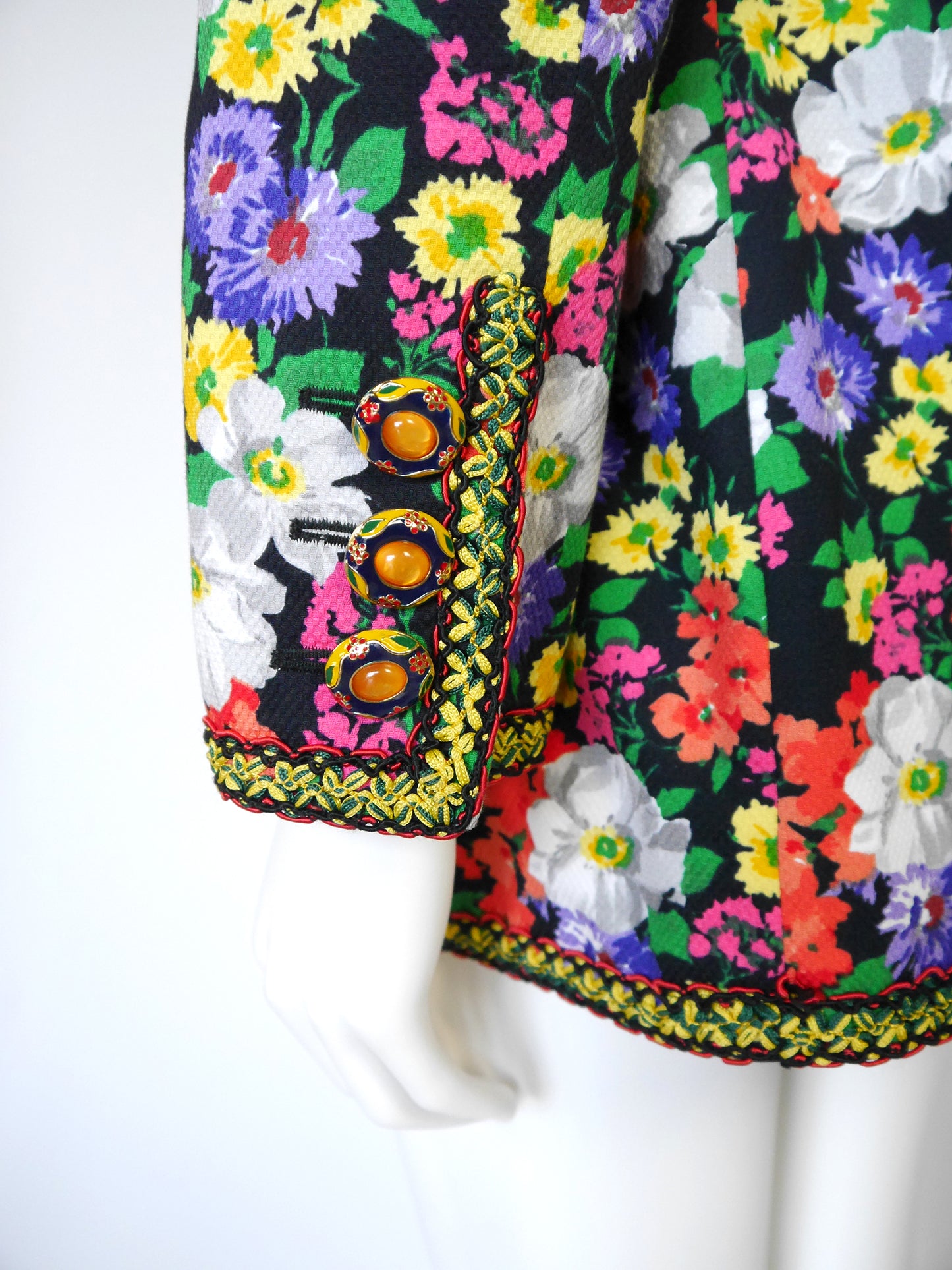 MOSCHINO Couture! 1990s Vintage Floral Long Jacket w/ Jeweled Statement Buttons Size M