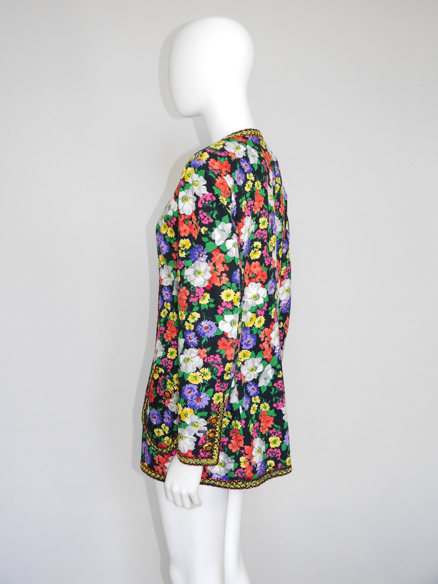 MOSCHINO Couture! 1990s Vintage Floral Long Jacket w/ Jeweled Statement Buttons Size M