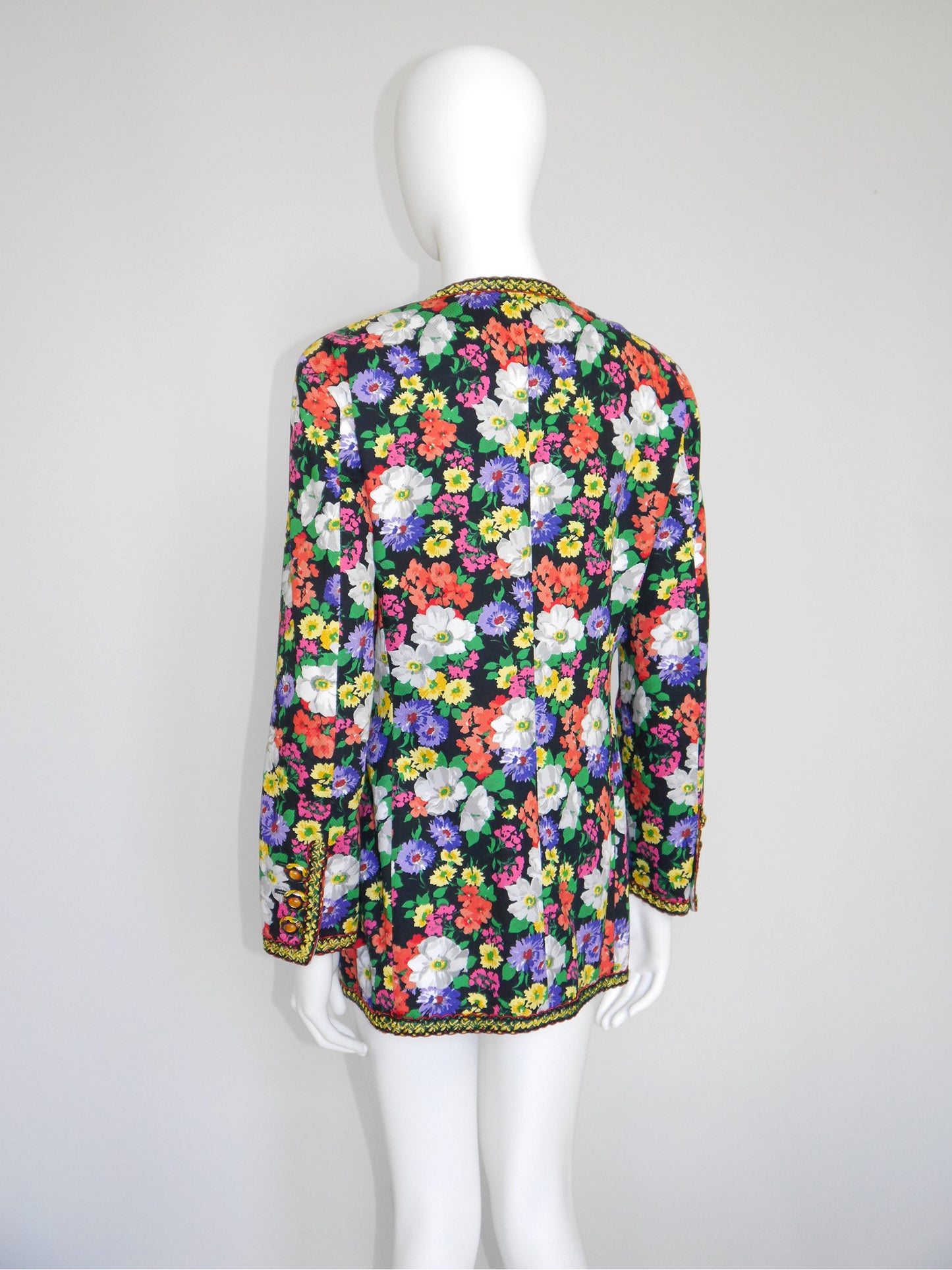 MOSCHINO Couture! 1990s Vintage Floral Long Jacket w/ Jeweled Statement Buttons Size M