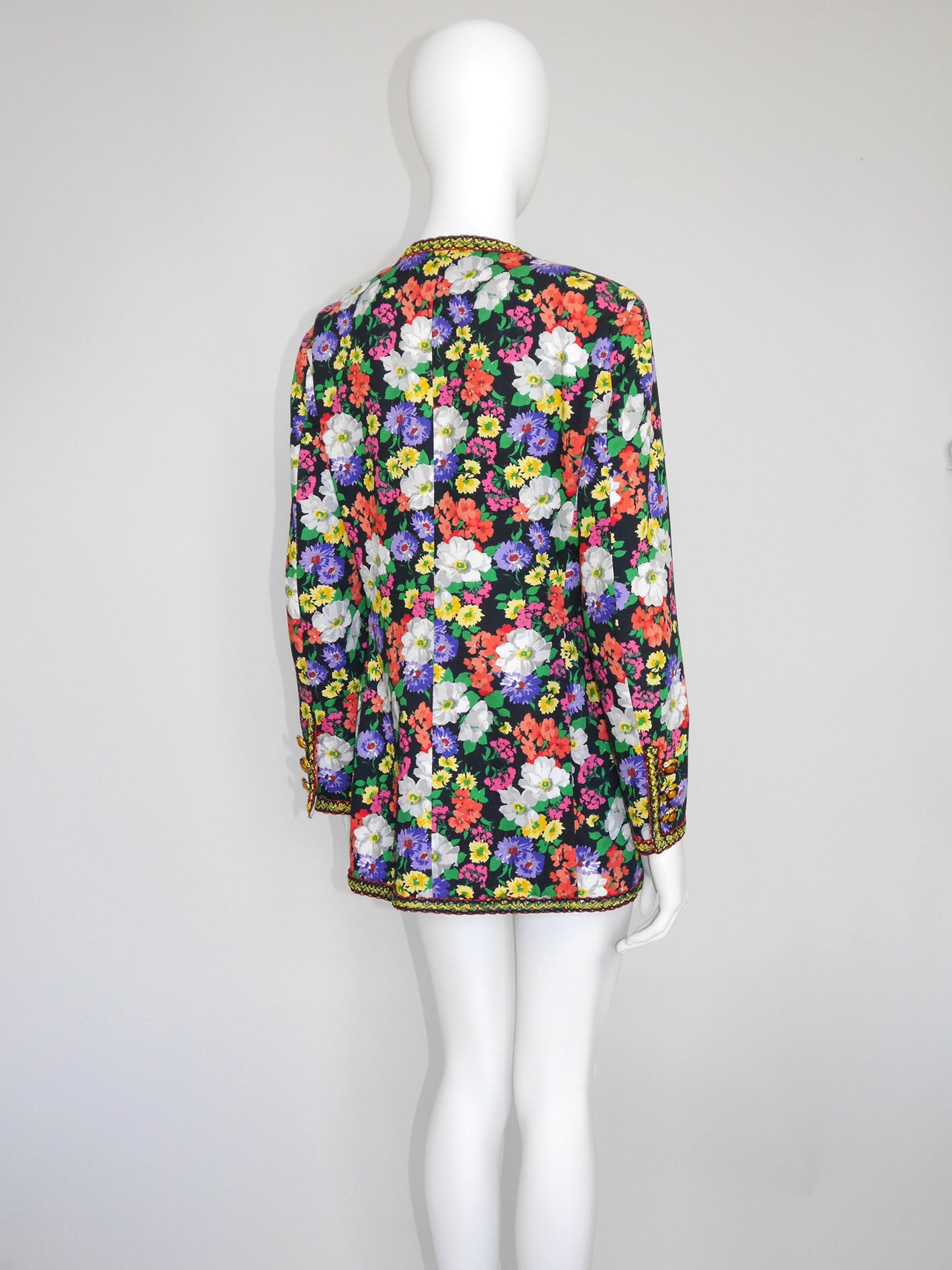 MOSCHINO Couture! 1990s Vintage Floral Long Jacket w/ Jeweled Statement Buttons Size M