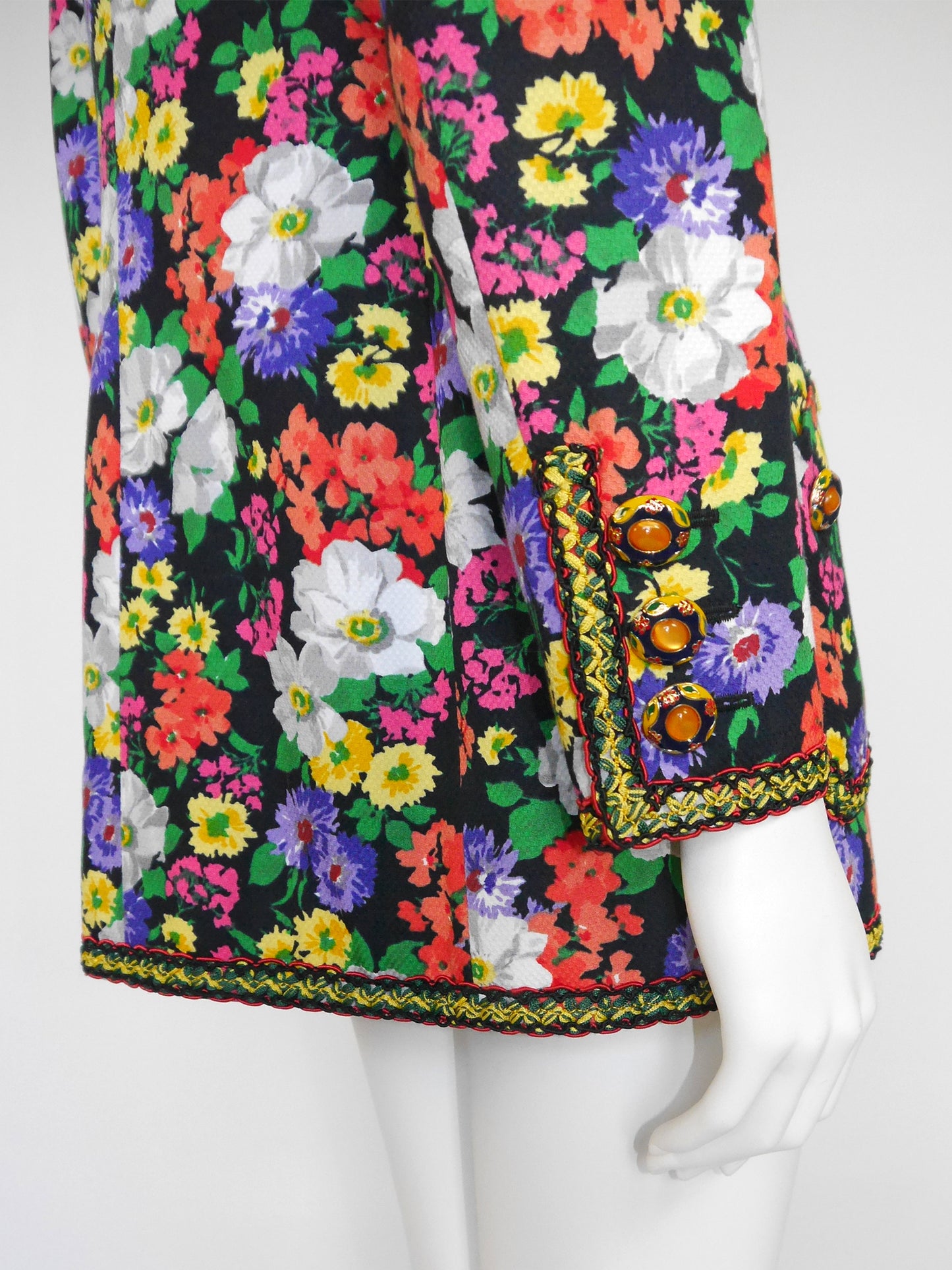 MOSCHINO Couture! 1990s Vintage Floral Long Jacket w/ Jeweled Statement Buttons Size M