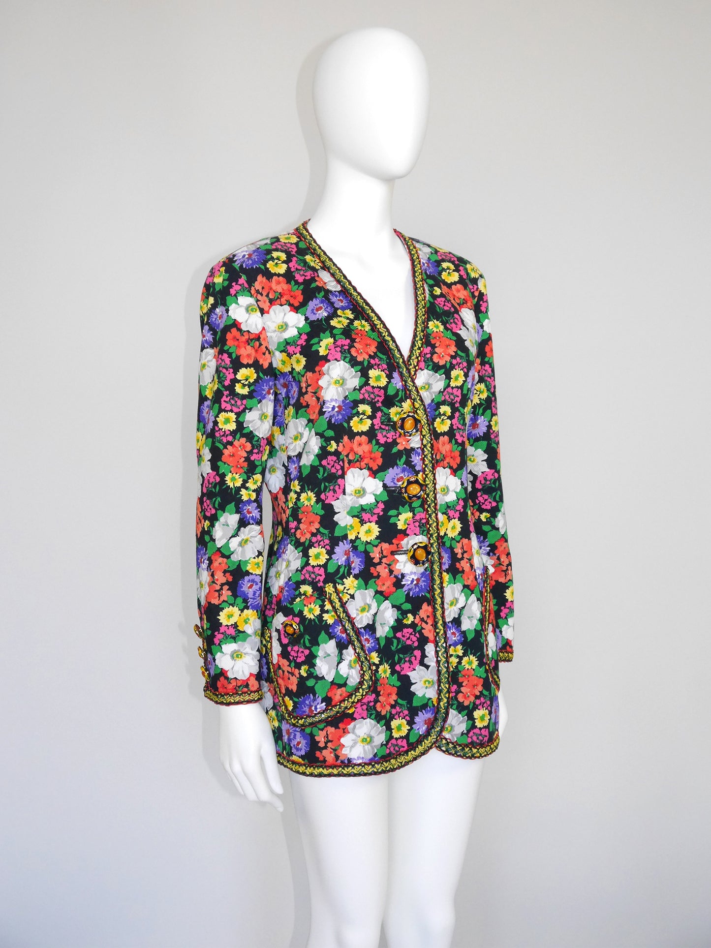 MOSCHINO Couture! 1990s Vintage Floral Long Jacket w/ Jeweled Statement Buttons Size M