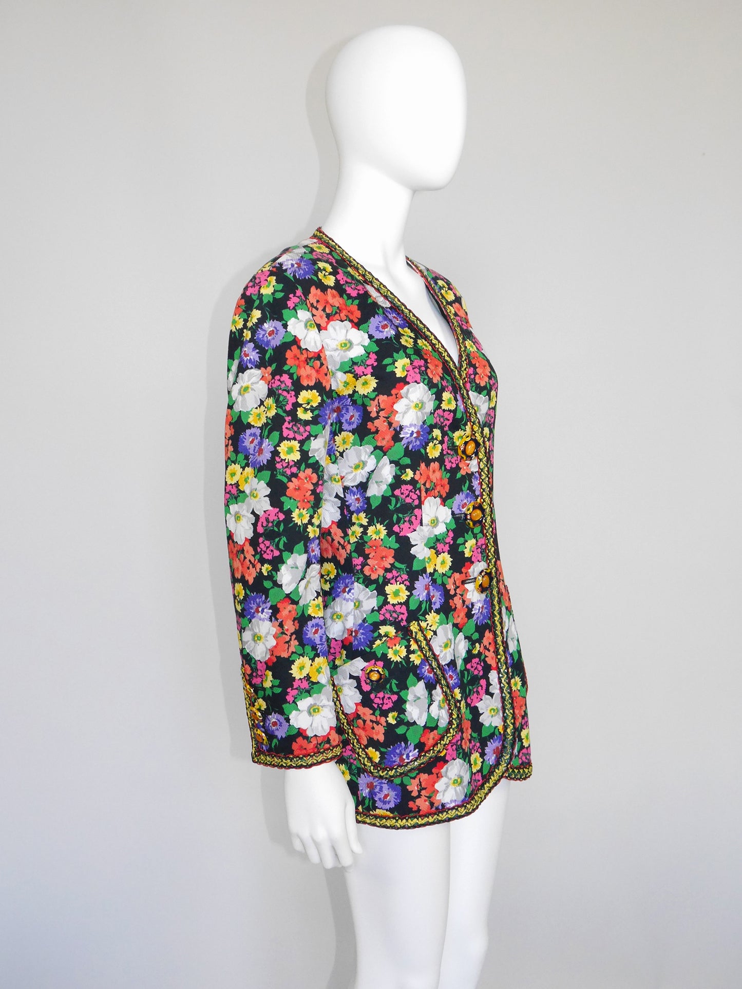 MOSCHINO Couture! 1990s Vintage Floral Long Jacket w/ Jeweled Statement Buttons Size M