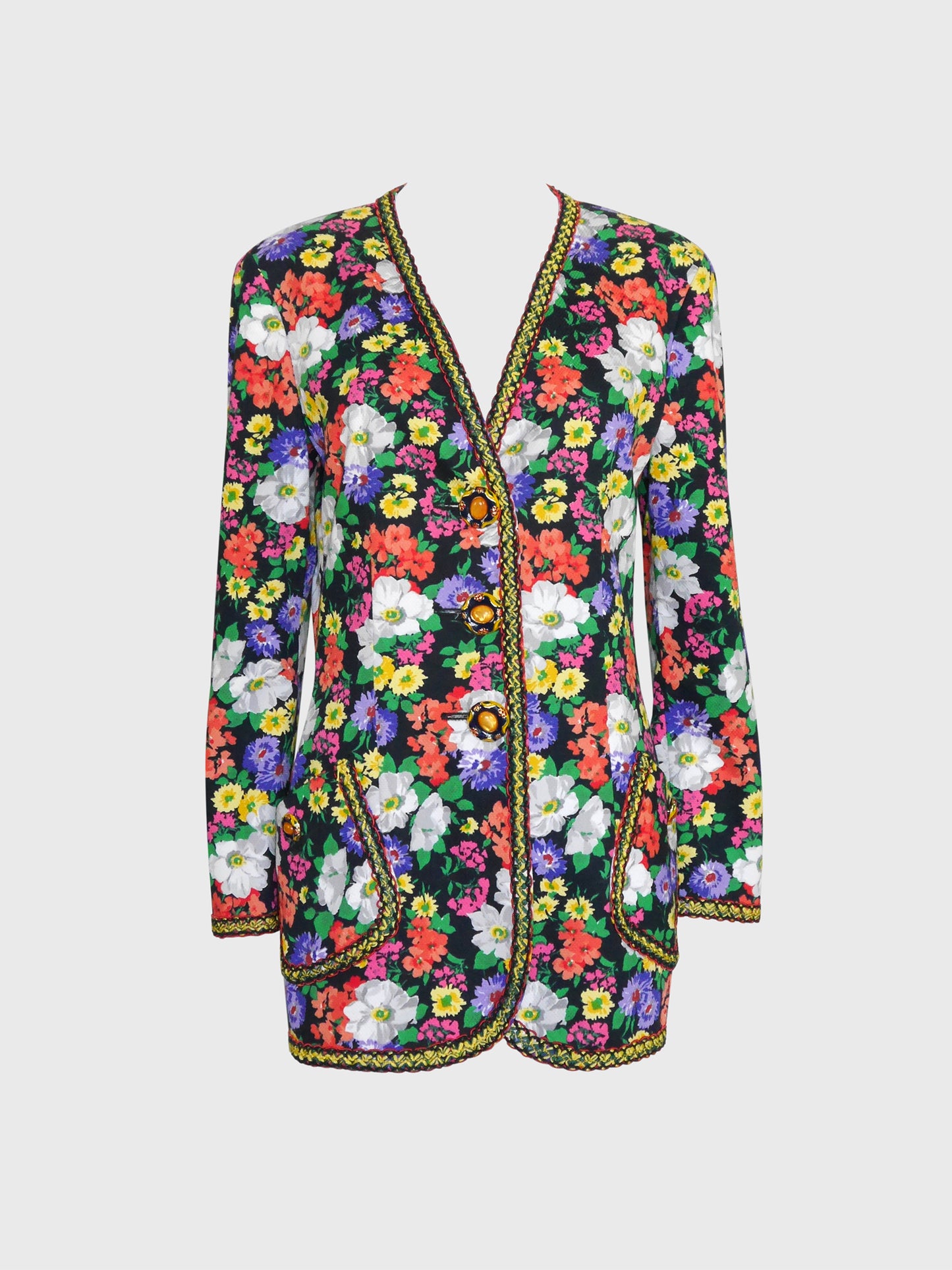 MOSCHINO Couture! 1990s Vintage Floral Long Jacket w/ Jeweled Statement Buttons Size M