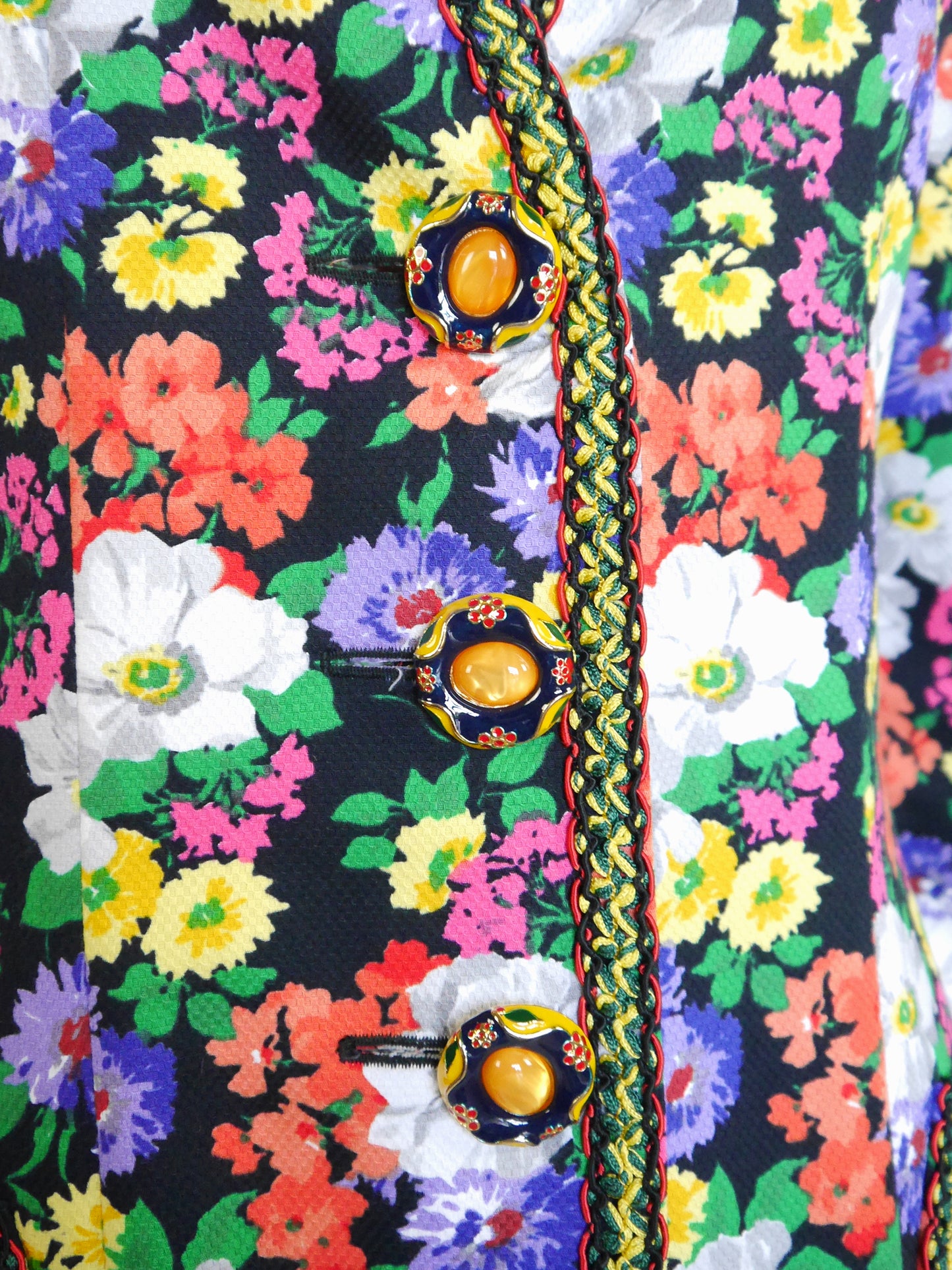 MOSCHINO Couture! 1990s Vintage Floral Long Jacket w/ Jeweled Statement Buttons Size M