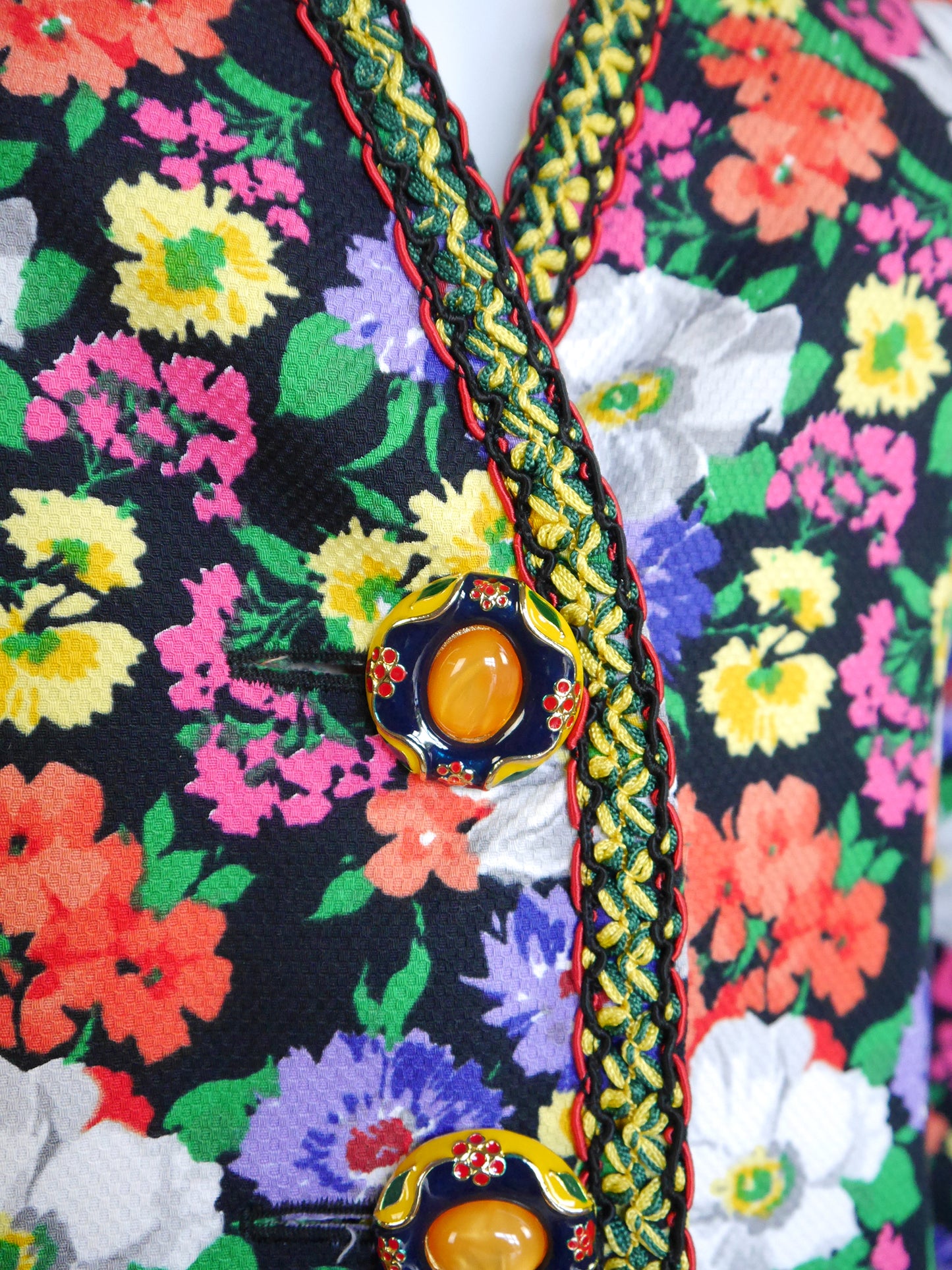 MOSCHINO Couture! 1990s Vintage Floral Long Jacket w/ Jeweled Statement Buttons Size M