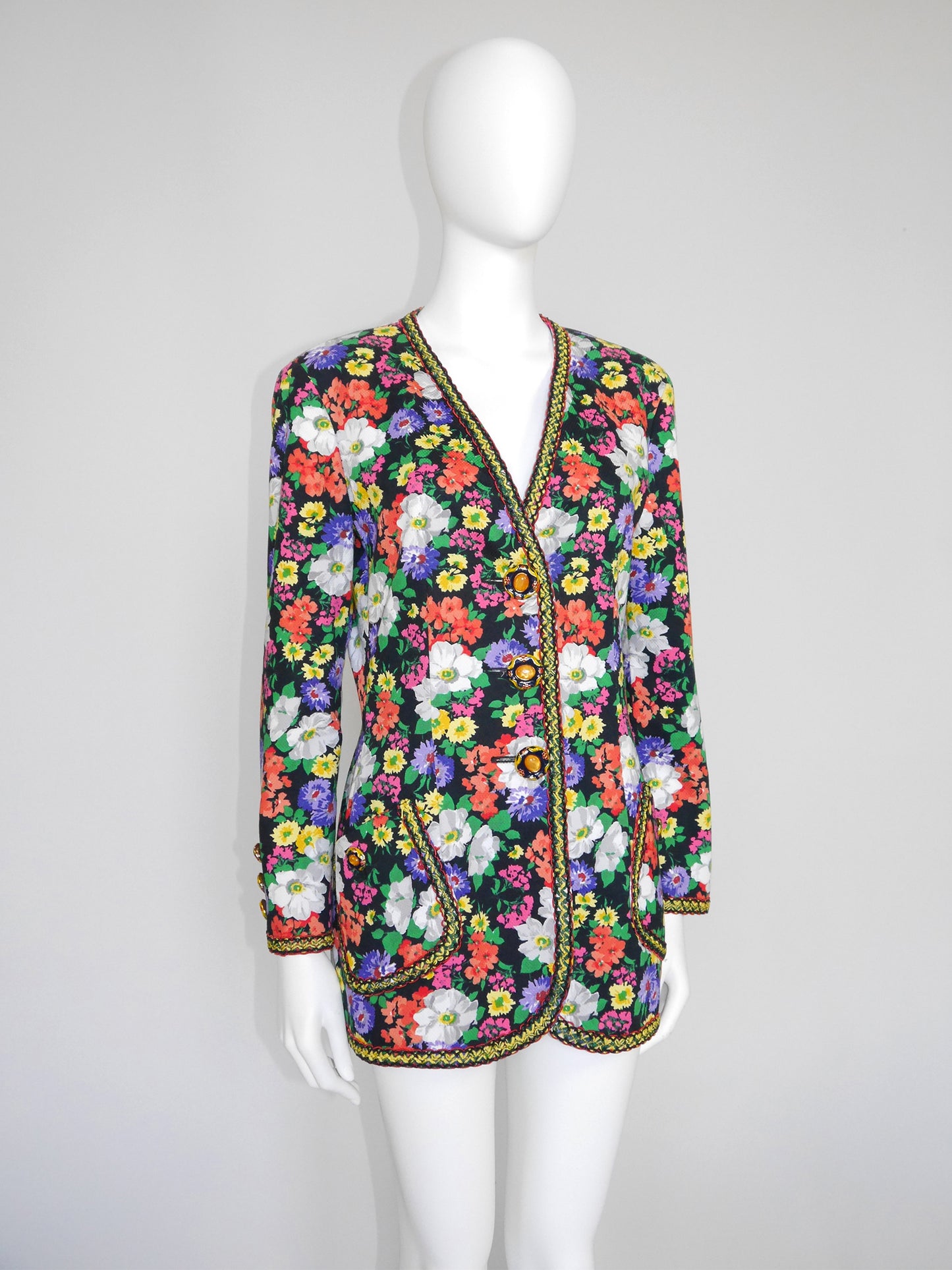 MOSCHINO Couture! 1990s Vintage Floral Long Jacket w/ Jeweled Statement Buttons Size M