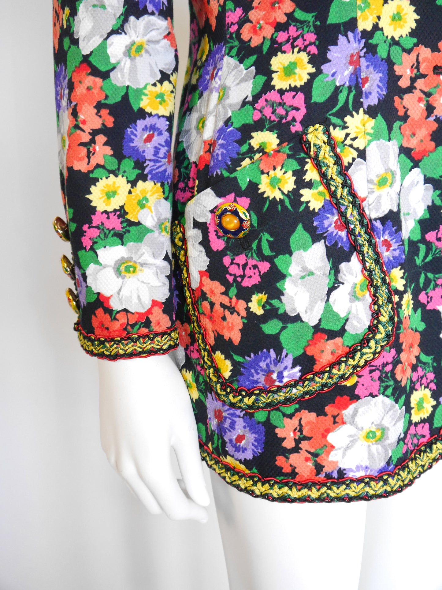 MOSCHINO Couture! 1990s Vintage Floral Long Jacket w/ Jeweled Statement Buttons Size M