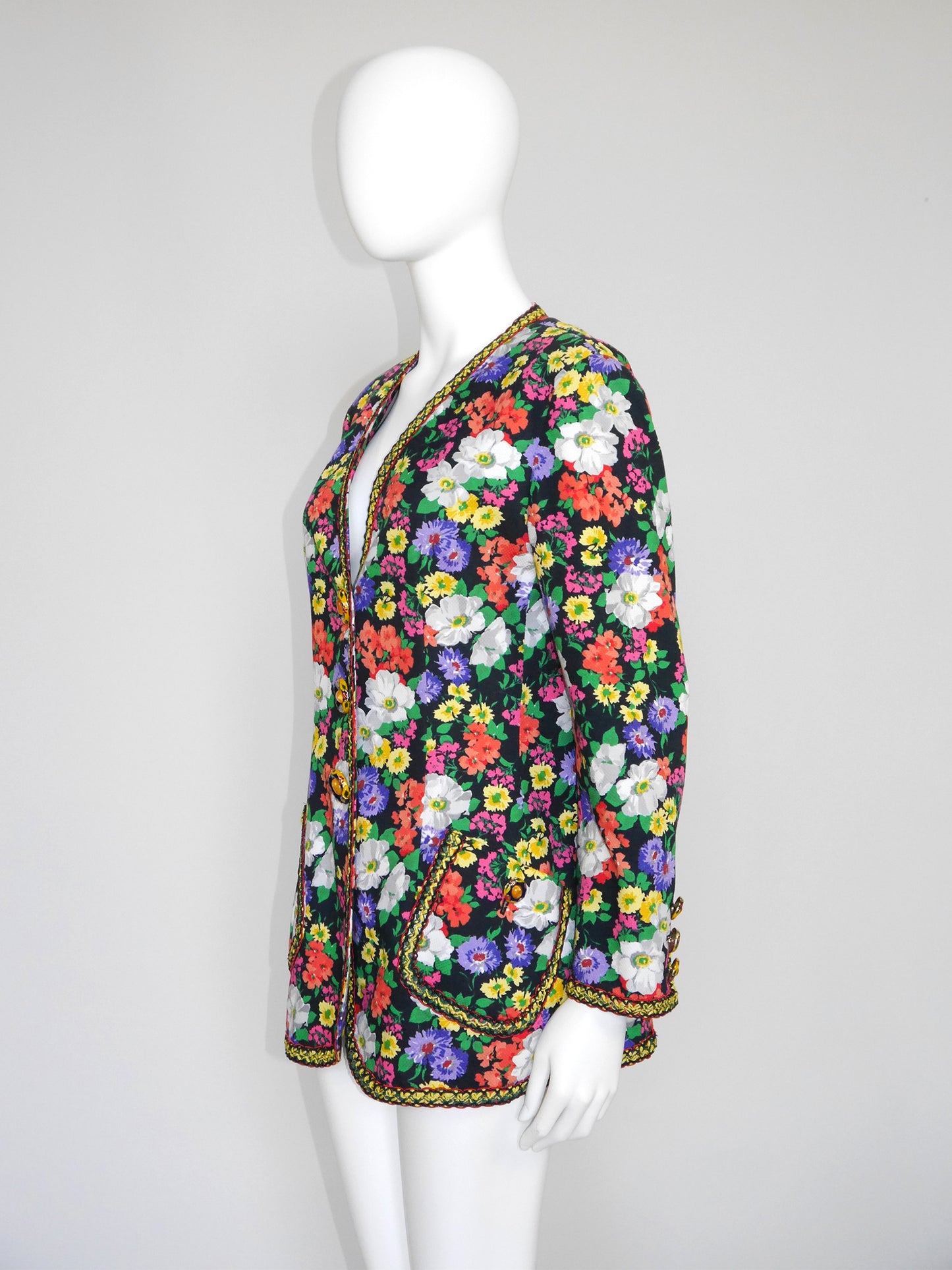 MOSCHINO Couture! 1990s Vintage Floral Long Jacket w/ Jeweled Statement Buttons Size M