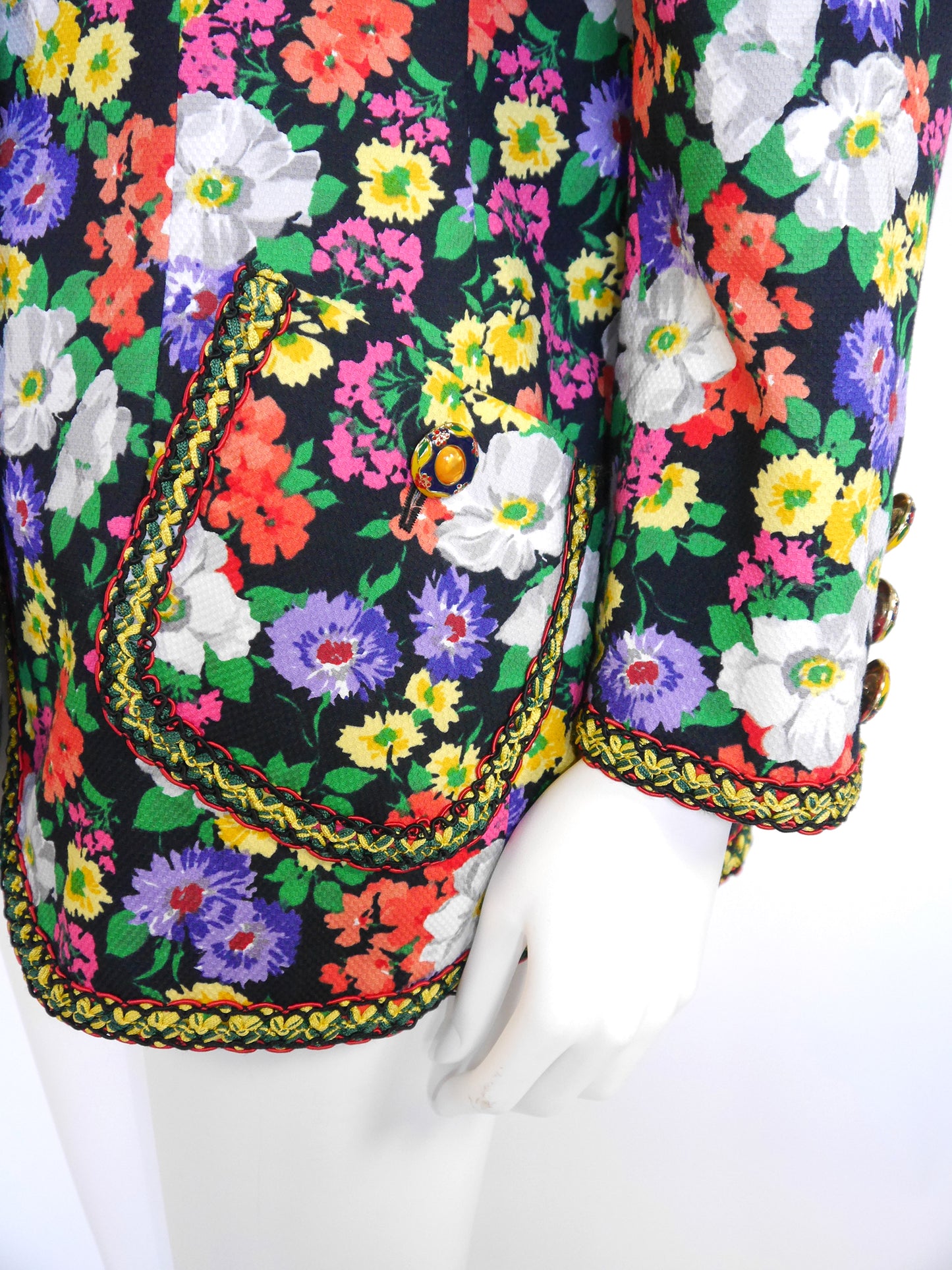 MOSCHINO Couture! 1990s Vintage Floral Long Jacket w/ Jeweled Statement Buttons Size M