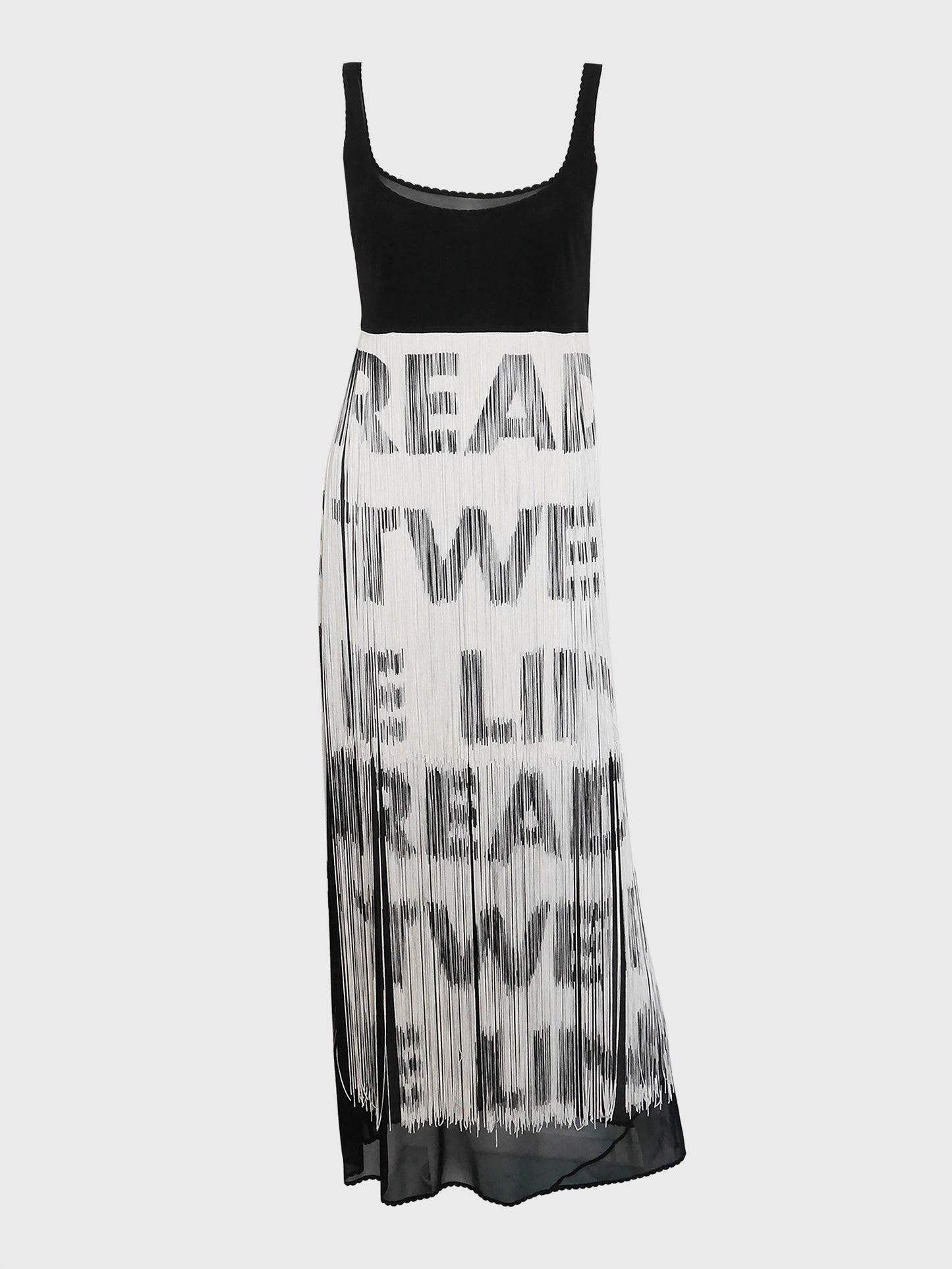 MOSCHINO 1990s Vintage "Read Between The Lines" Fringed Maxi Dress