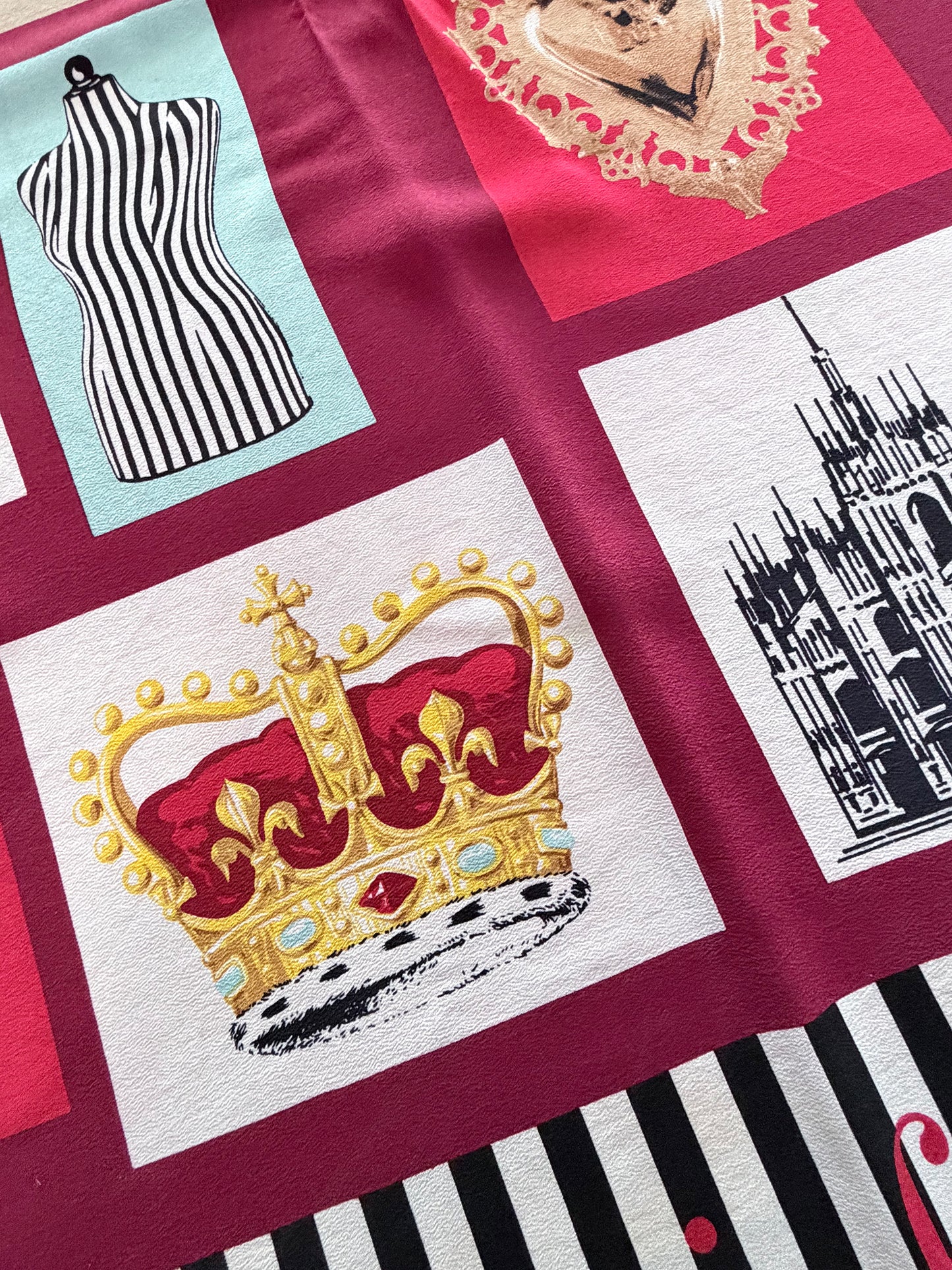 MOSCHINO 1990s Vintage Silk Scarf Insignia & Slogan Print 81x84 cm