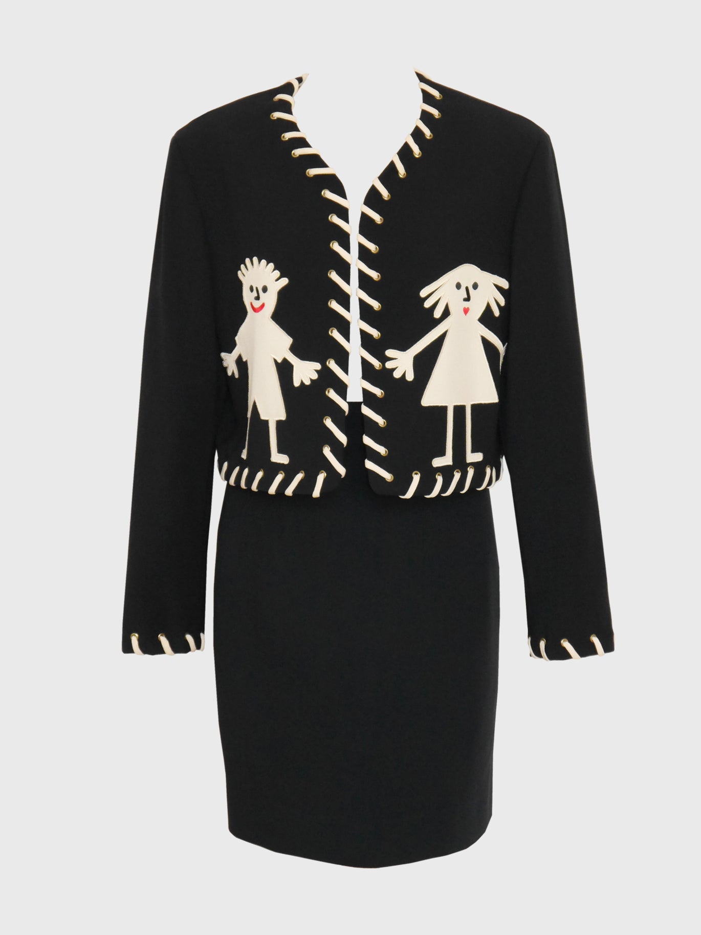 MOSCHINO 1990s Vintage "Stickman" Skirt Suit Black