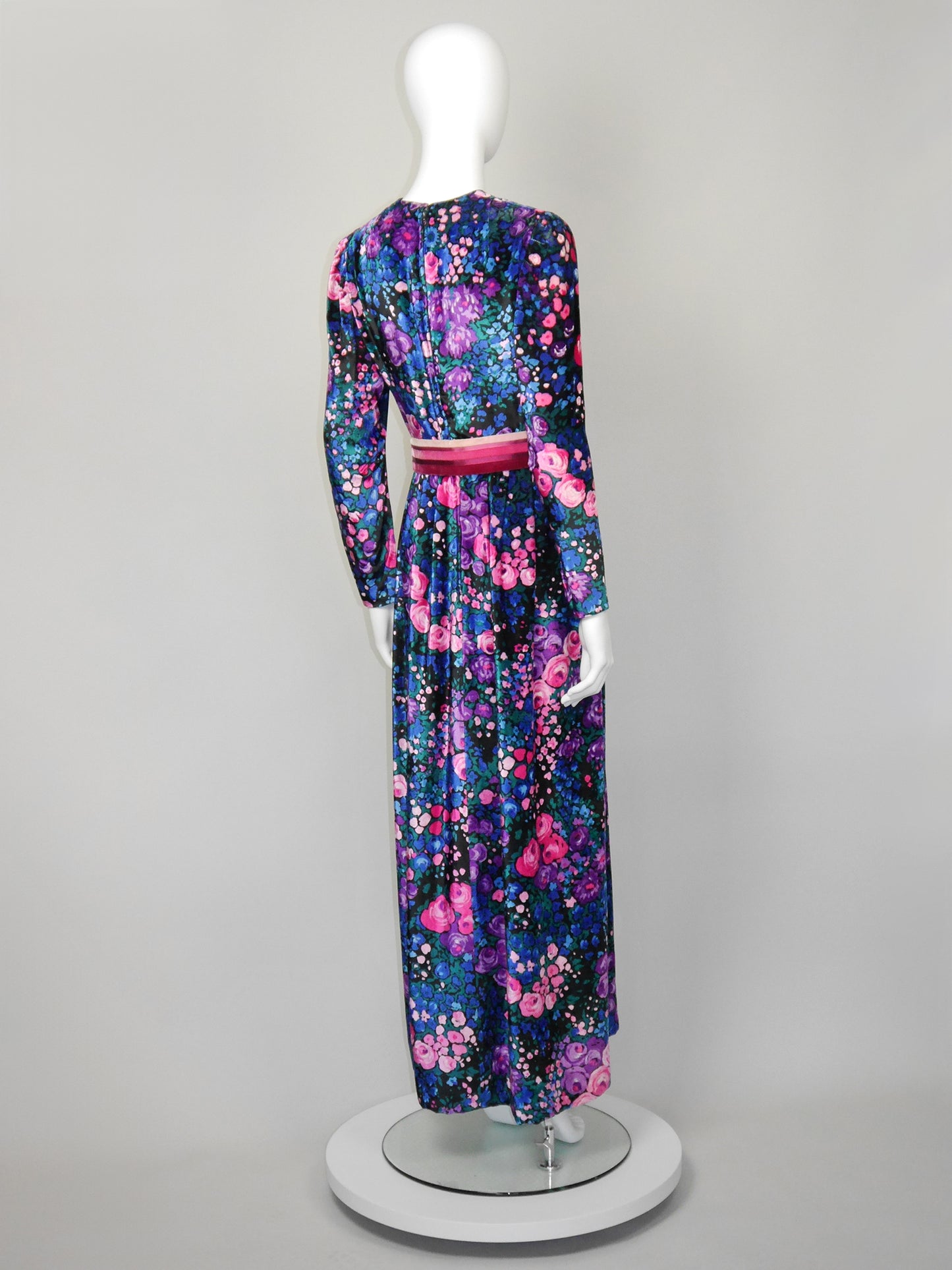 NINA RICCI 1960s 1970s Vintage Floral Silk Velvet Maxi Evening Dress w/ Belt Size S