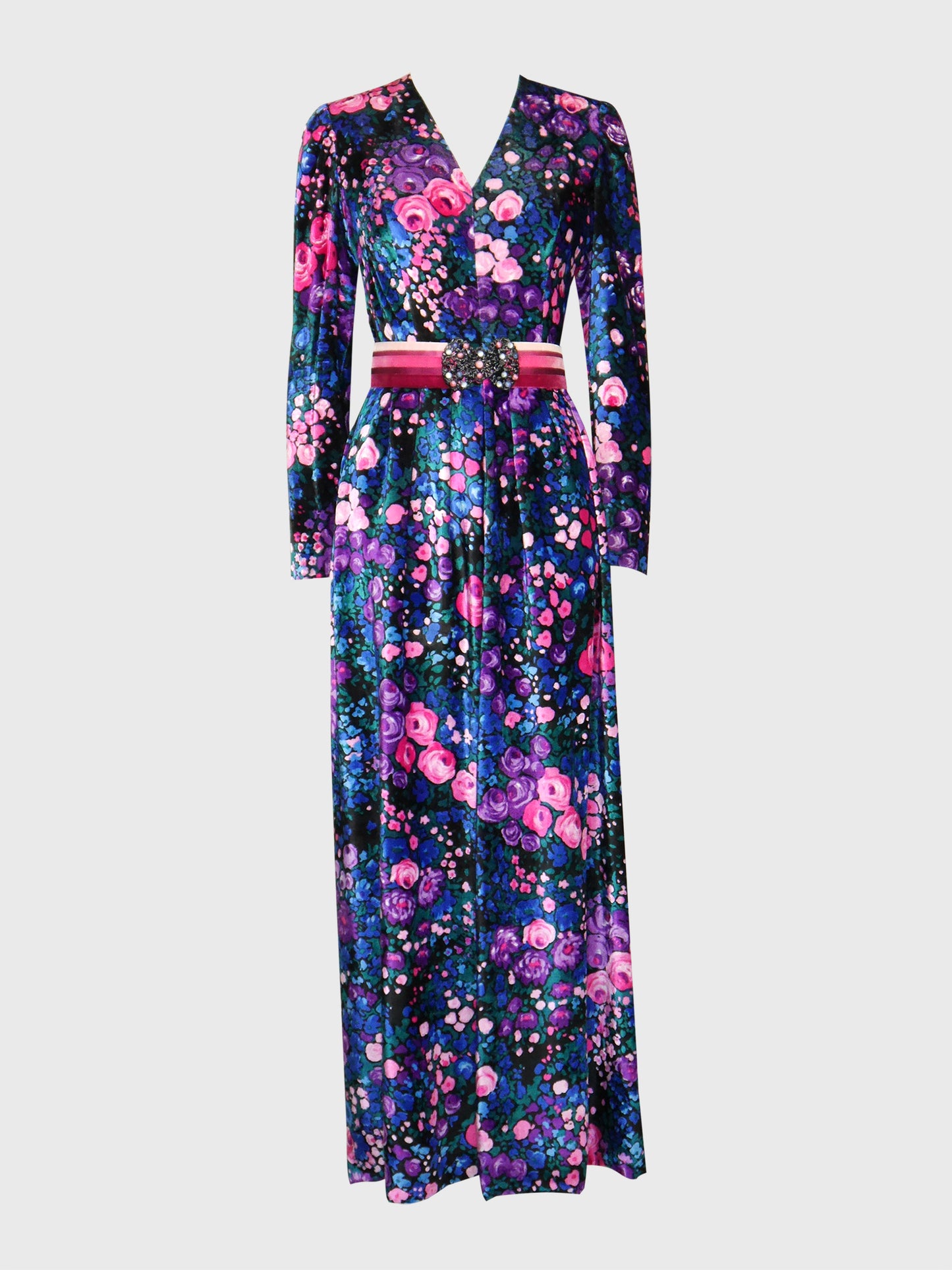 NINA RICCI 1960s 1970s Vintage Floral Silk Velvet Maxi Evening Dress w/ Belt Size S