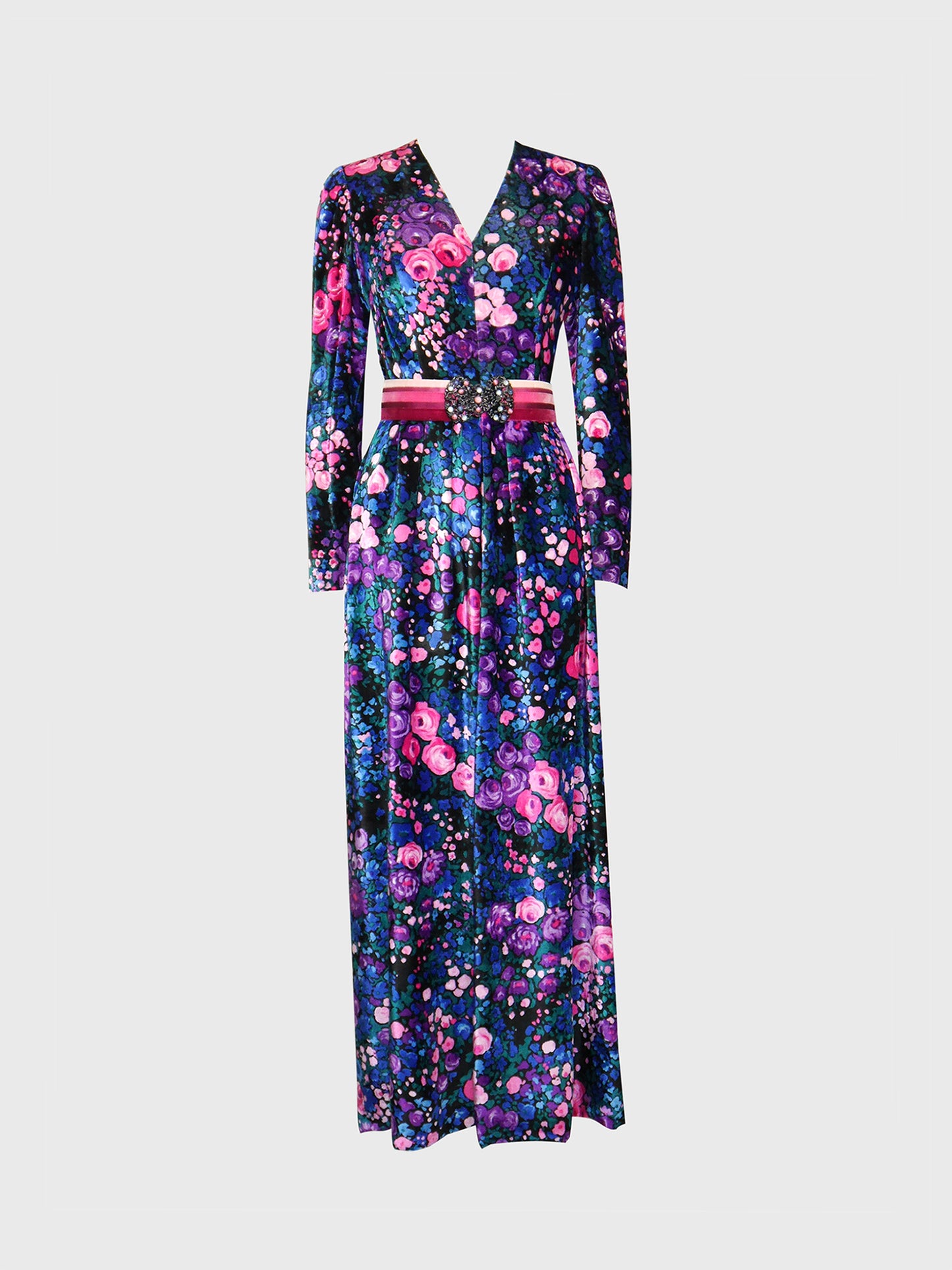 NINA RICCI 1960s 1970s Vintage Floral Silk Velvet Maxi Evening Dress w/ Belt Size S