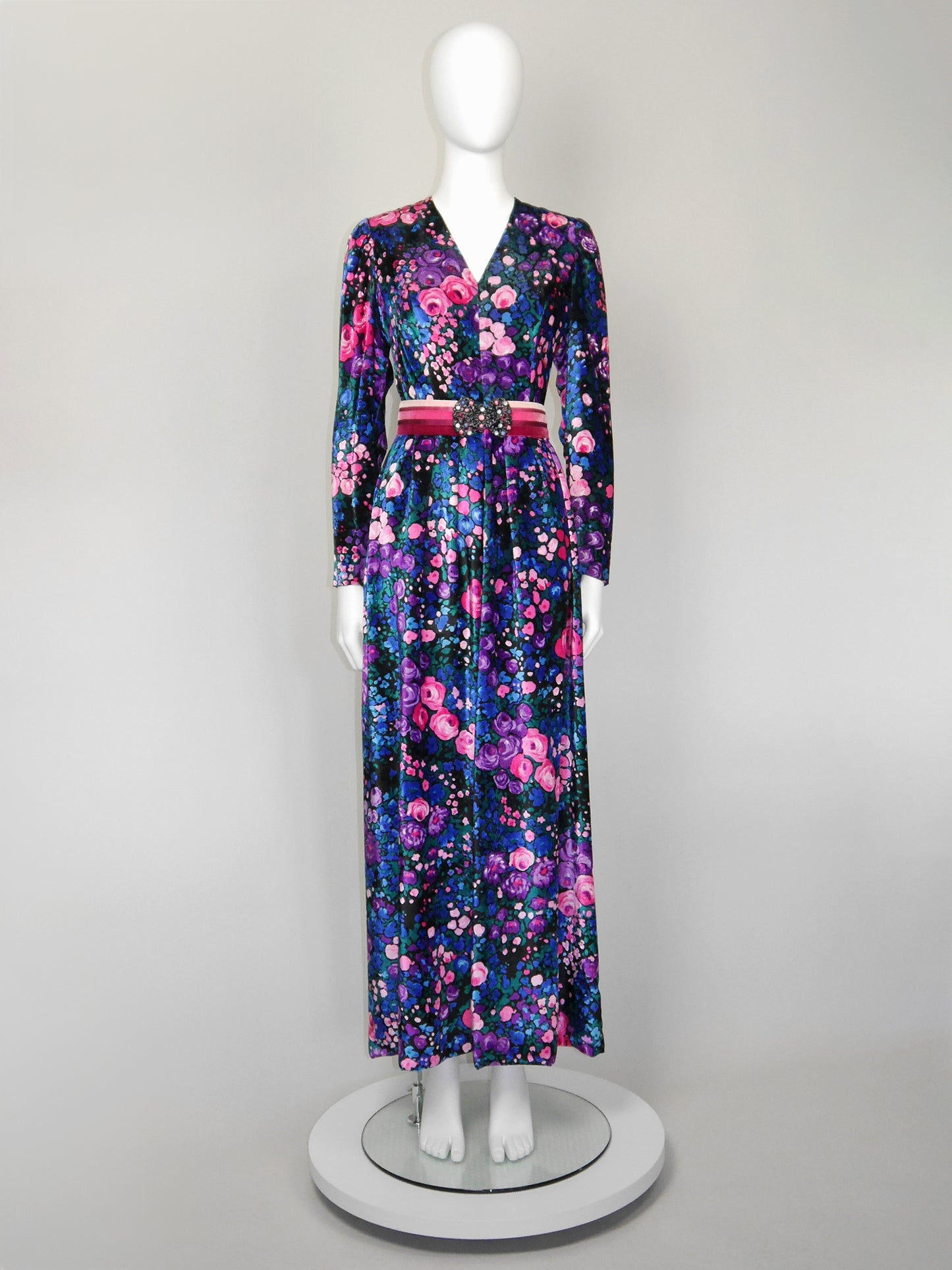 NINA RICCI 1960s 1970s Vintage Floral Silk Velvet Maxi Evening Dress w/ Belt Size S