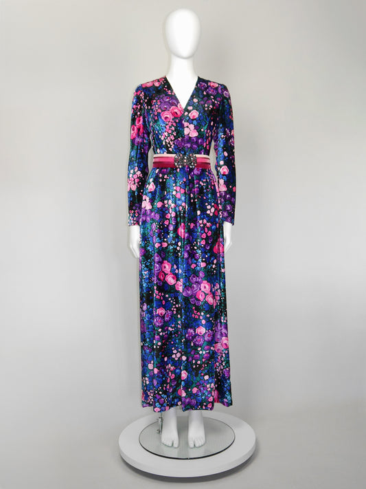 NINA RICCI 1960s 1970s Vintage Floral Silk Velvet Maxi Evening Dress Size S