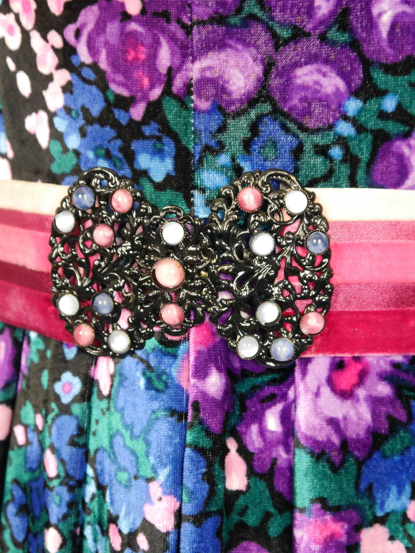 NINA RICCI 1960s 1970s Vintage Floral Silk Velvet Maxi Evening Dress w/ Belt Size S