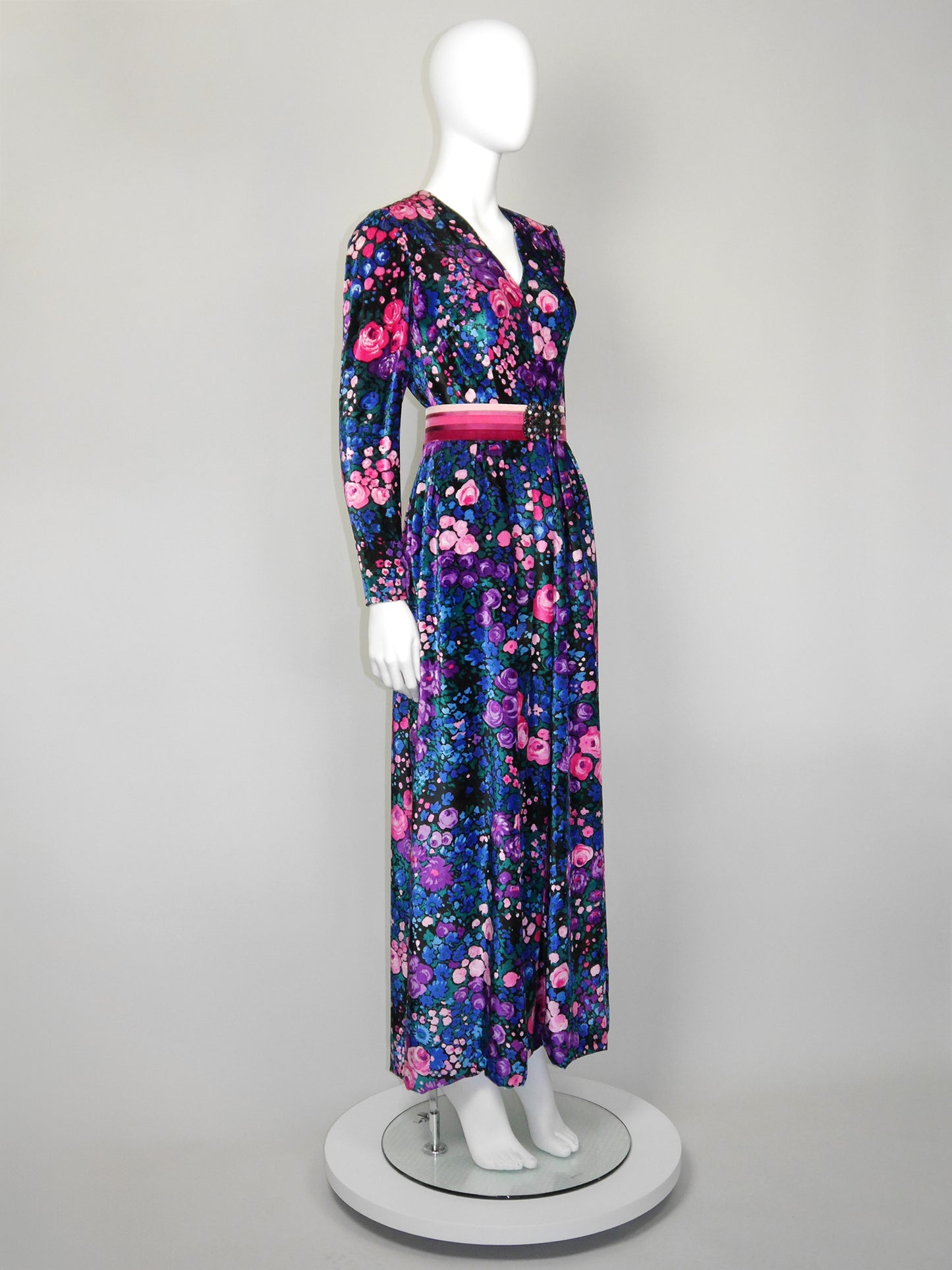 NINA RICCI 1960s 1970s Vintage Floral Silk Velvet Maxi Evening Dress w/ Belt Size S