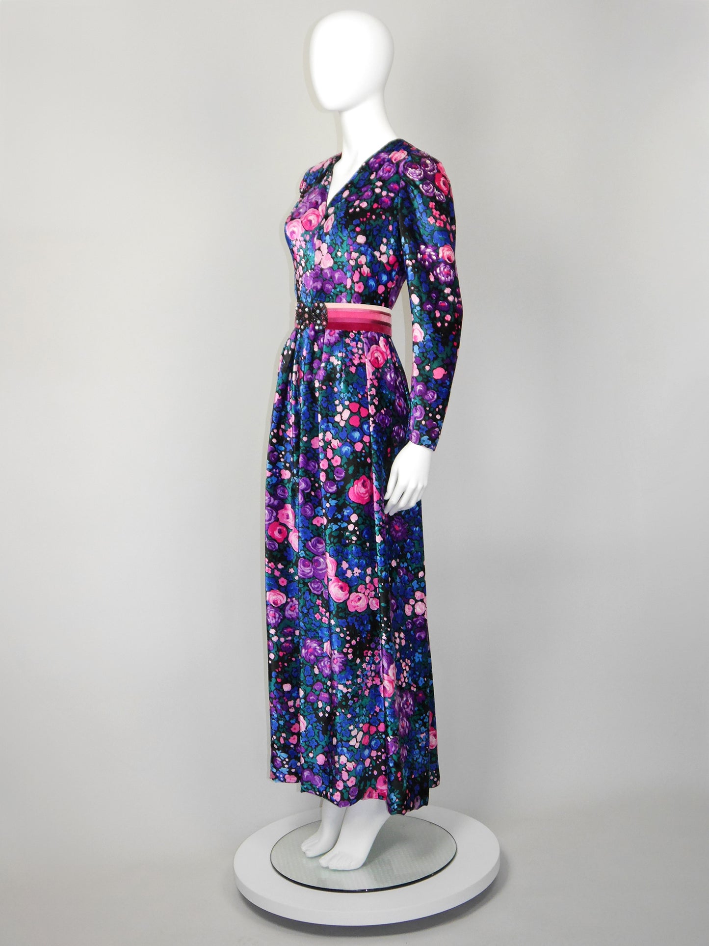 NINA RICCI 1960s 1970s Vintage Floral Silk Velvet Maxi Evening Dress w/ Belt Size S