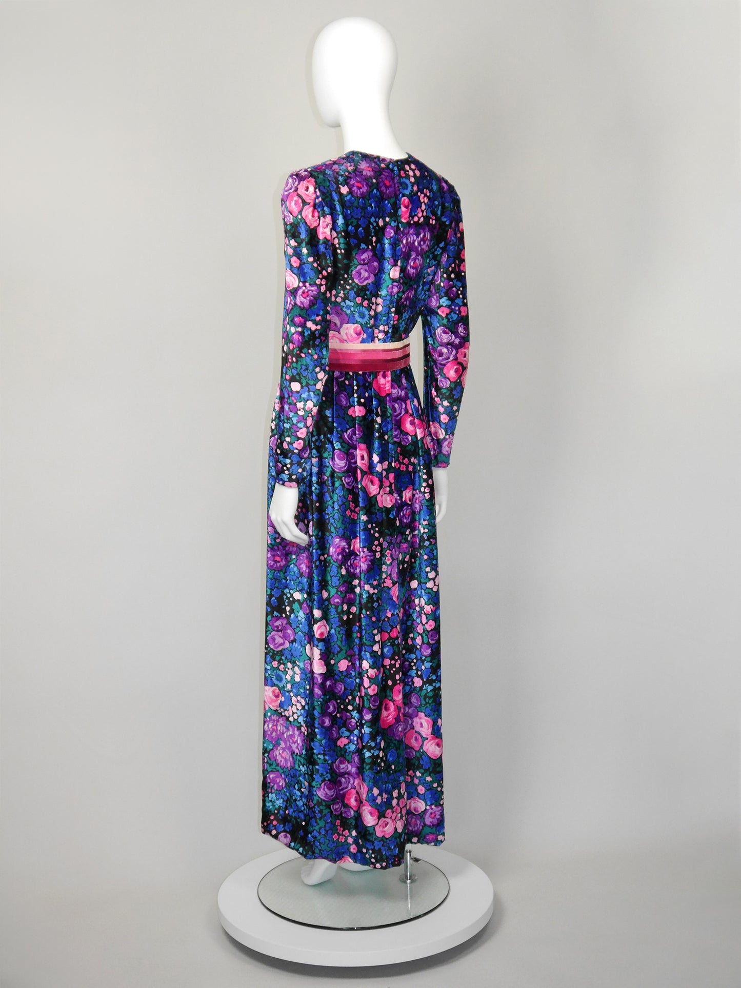 NINA RICCI 1960s 1970s Vintage Floral Silk Velvet Maxi Evening Dress w/ Belt Size S