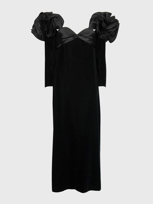 NINA RICCI 1980s Vintage Black Velvet & Silk Taffeta Maxi Evening Dress Gown Size S