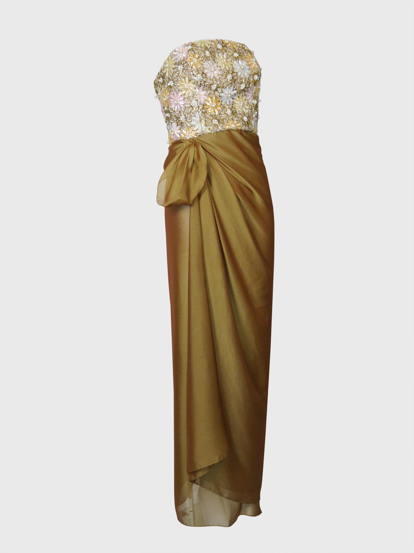 NINA RICCI 1990s Vintage Heavily Beaded Copper Gold Strapless Evening Gown w/ Stole