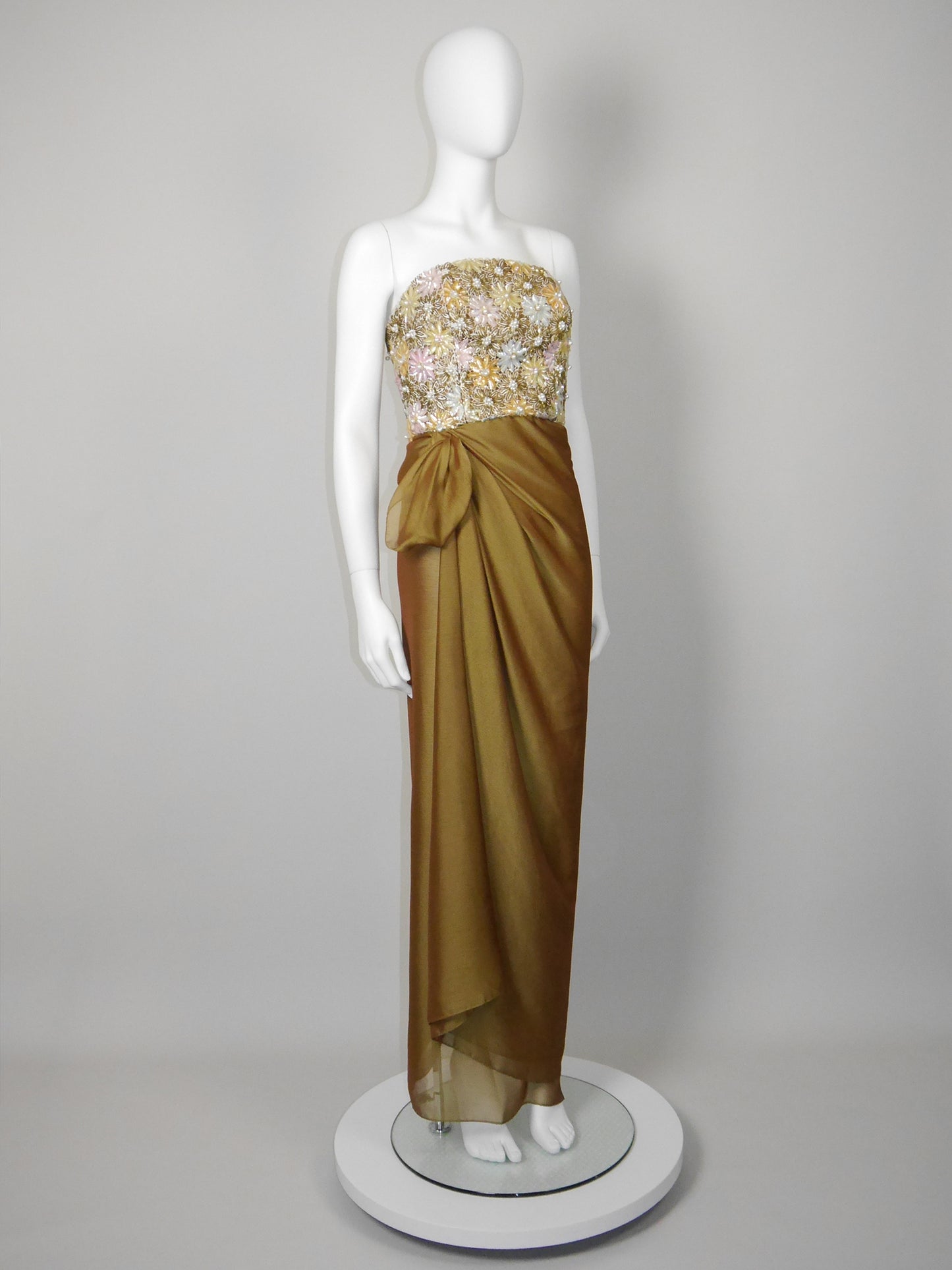 NINA RICCI 1990s Vintage Heavily Beaded Copper Gold Strapless Evening Gown w/ Stole