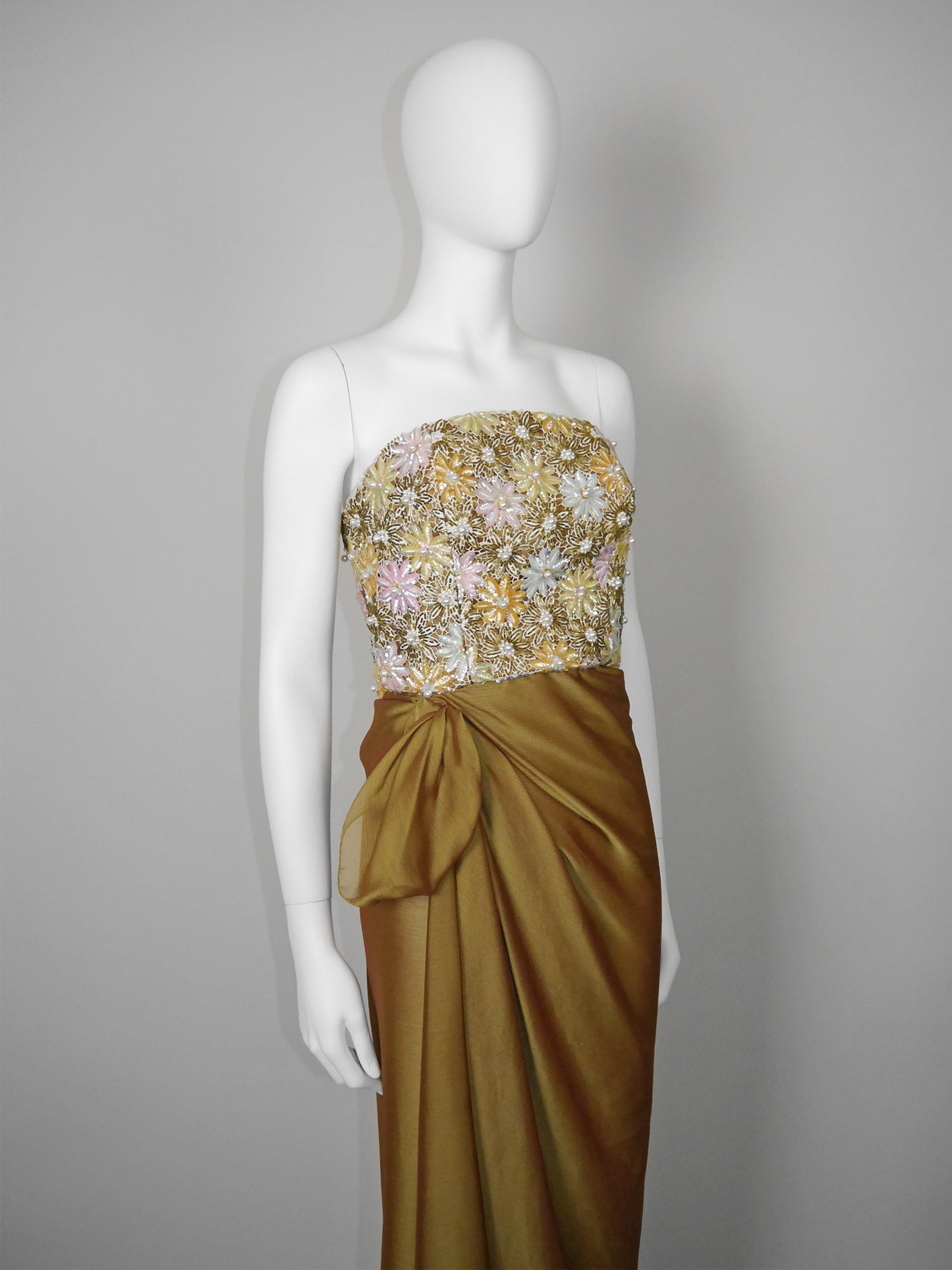 NINA RICCI 1990s Vintage Heavily Beaded Copper Gold Strapless Evening Gown w/ Stole